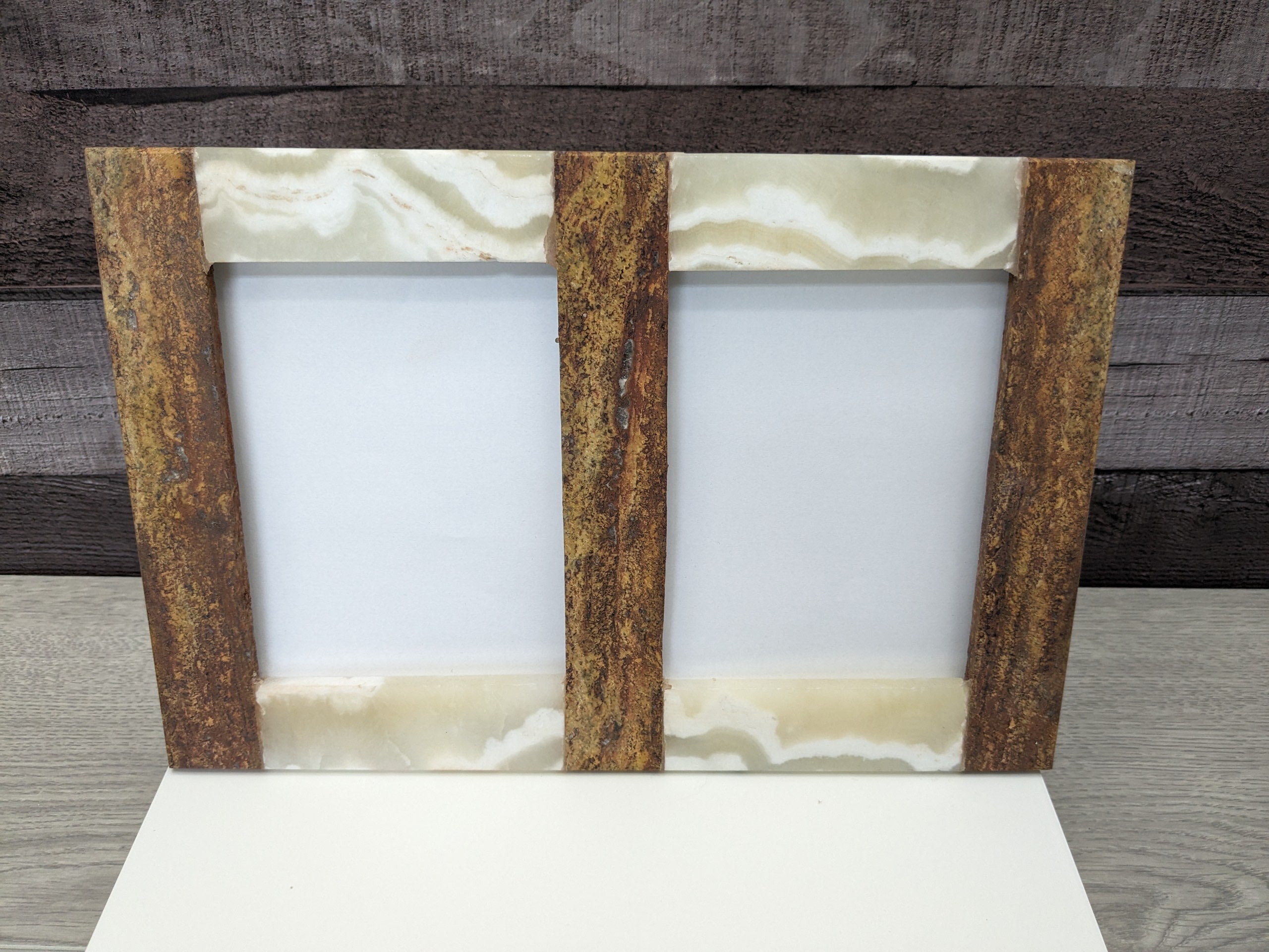 Onyx and Travertine Stone Double Frame. Handmade in Mexico. We package and ship from the USA. Buy now at www.felipeandgrace.com.