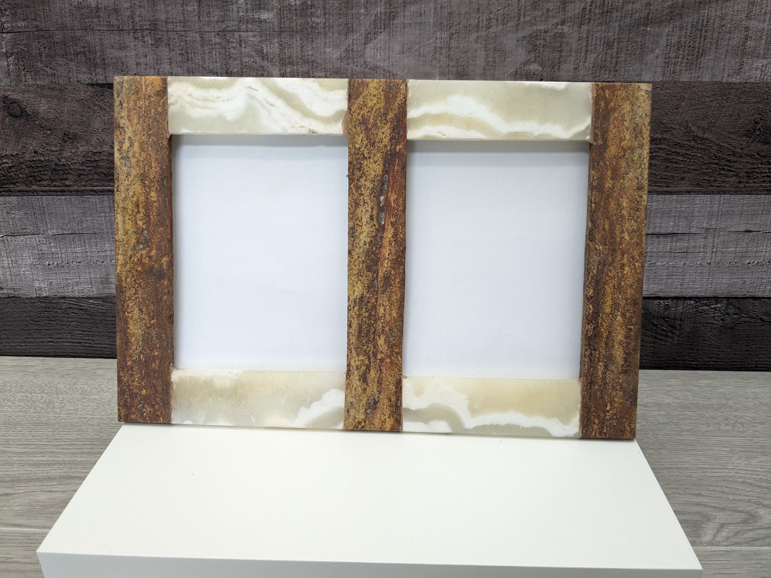Onyx and Travertine Stone Double Frame. Handmade in Mexico. We package and ship from the USA. Buy now at www.felipeandgrace.com.