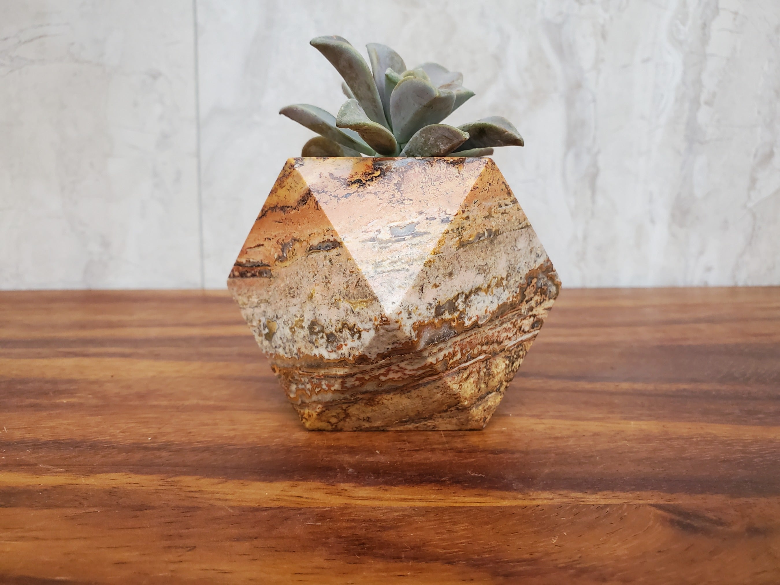 Red Orange Travertine Stone Geometric Mini Planter for Succulents and Terrariums. Handmade in Mexico. We ship and package from the USA. Buy now at www.felipeandgrace.com.