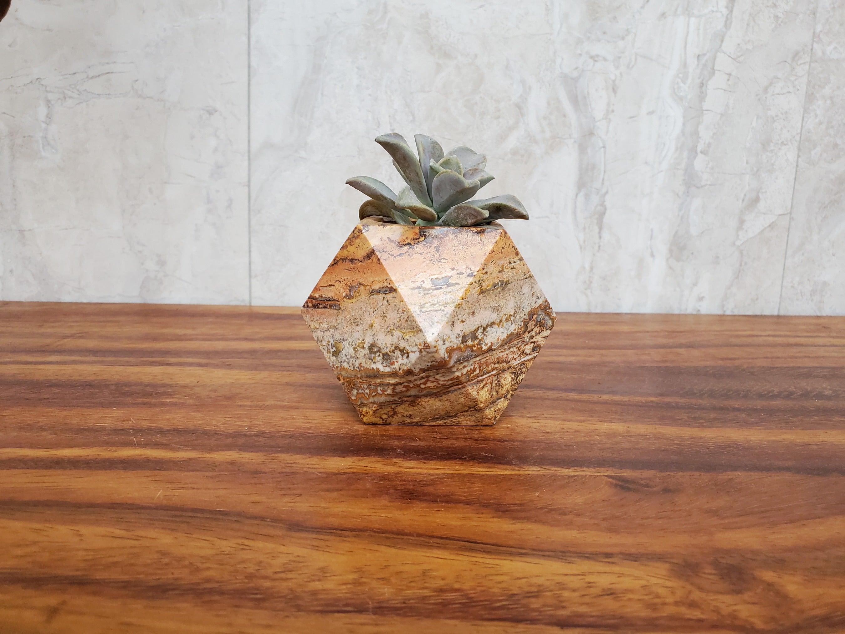 Red Orange Travertine Stone Geometric Mini Planter for Succulents and Terrariums. Handmade in Mexico. We ship and package from the USA. Buy now at www.felipeandgrace.com.