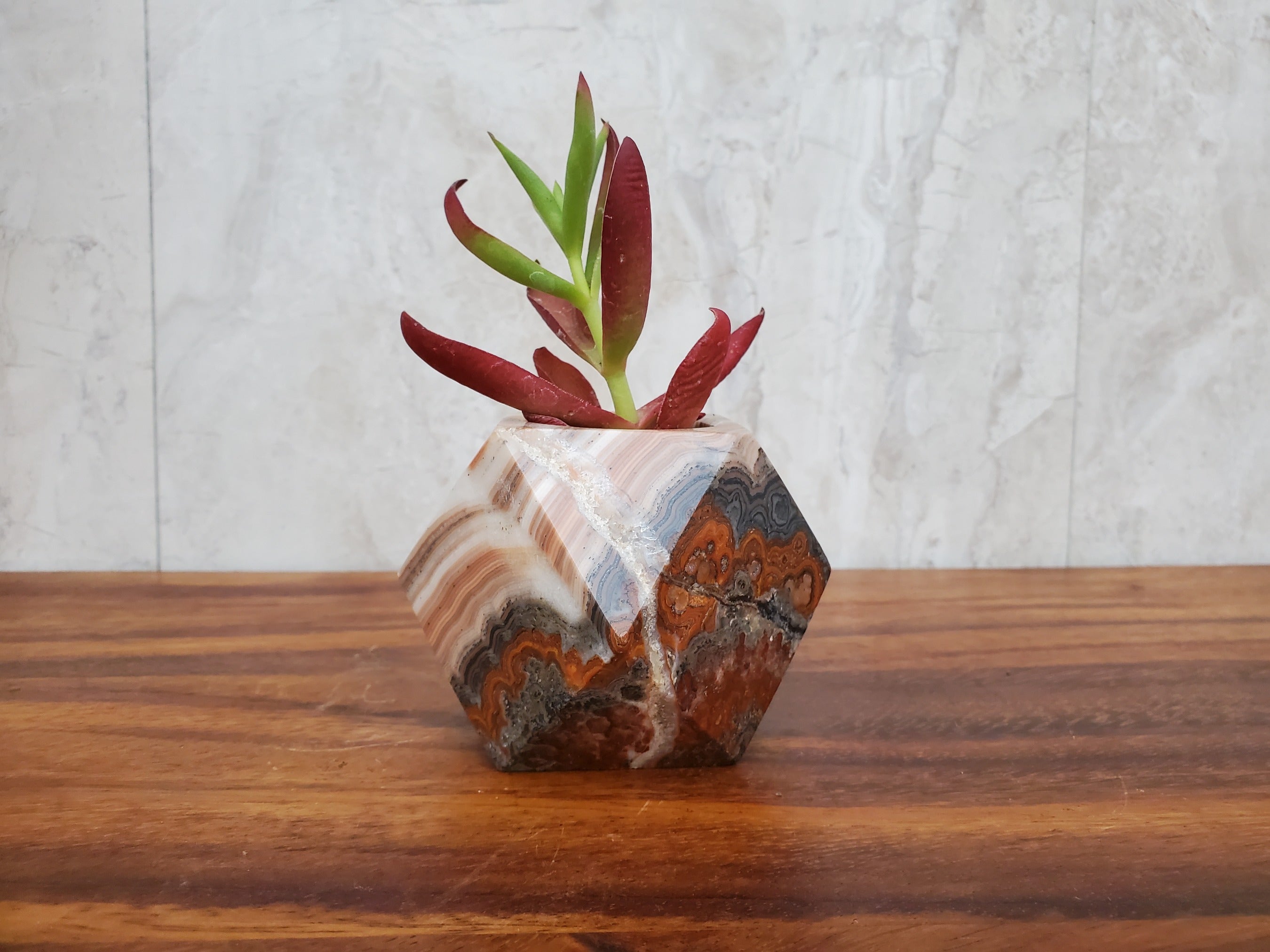 Red, White, and Gray Onyx Stone Geometric Mini Planter for Succulents and Terrariums. Handmade in Mexico. We ship and package from the USA. Buy now at www.felipeandgrace.com.