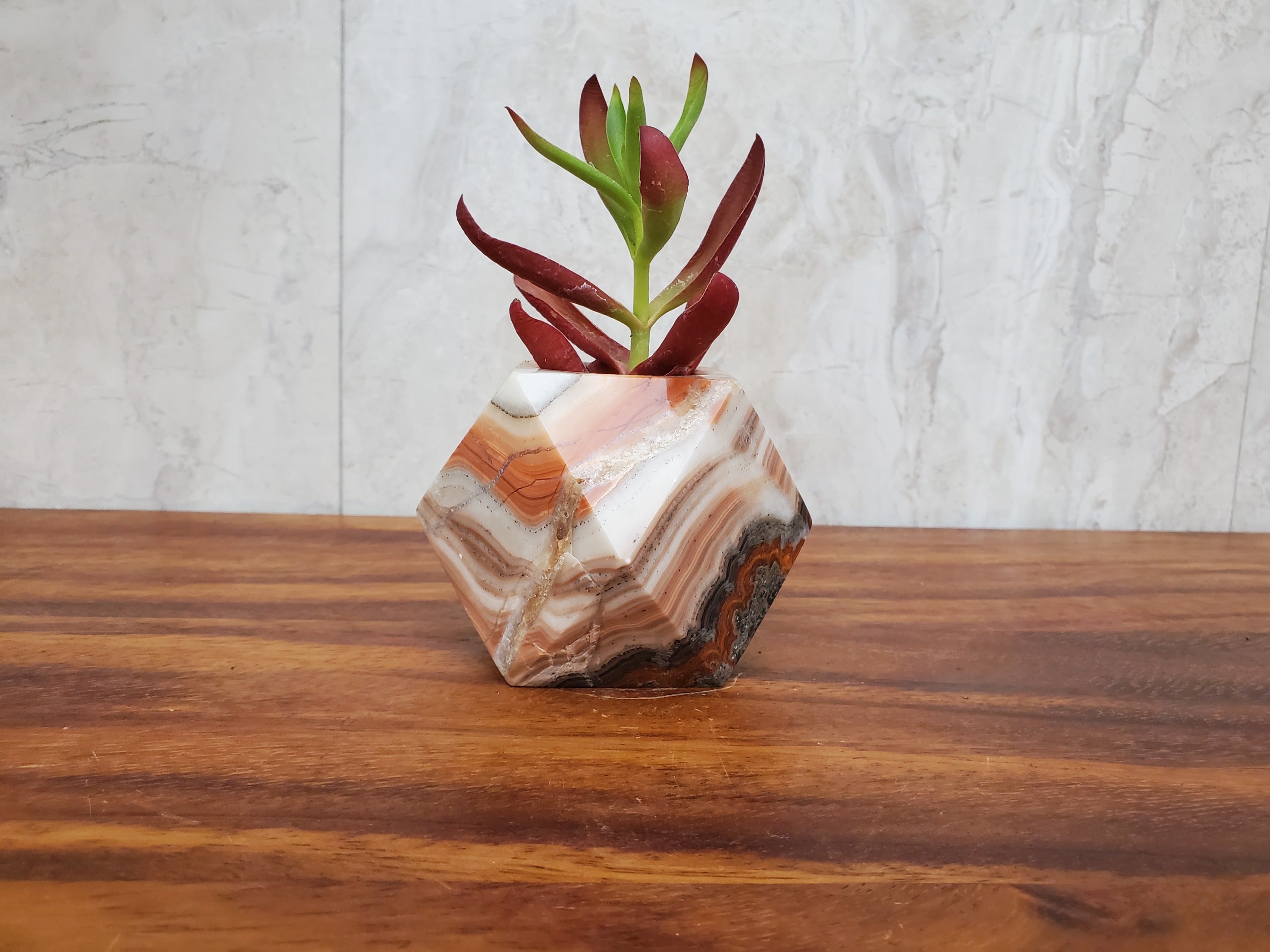 Red, White, and Gray Onyx Stone Geometric Mini Planter for Succulents and Terrariums. Handmade in Mexico. We ship and package from the USA. Buy now at www.felipeandgrace.com.