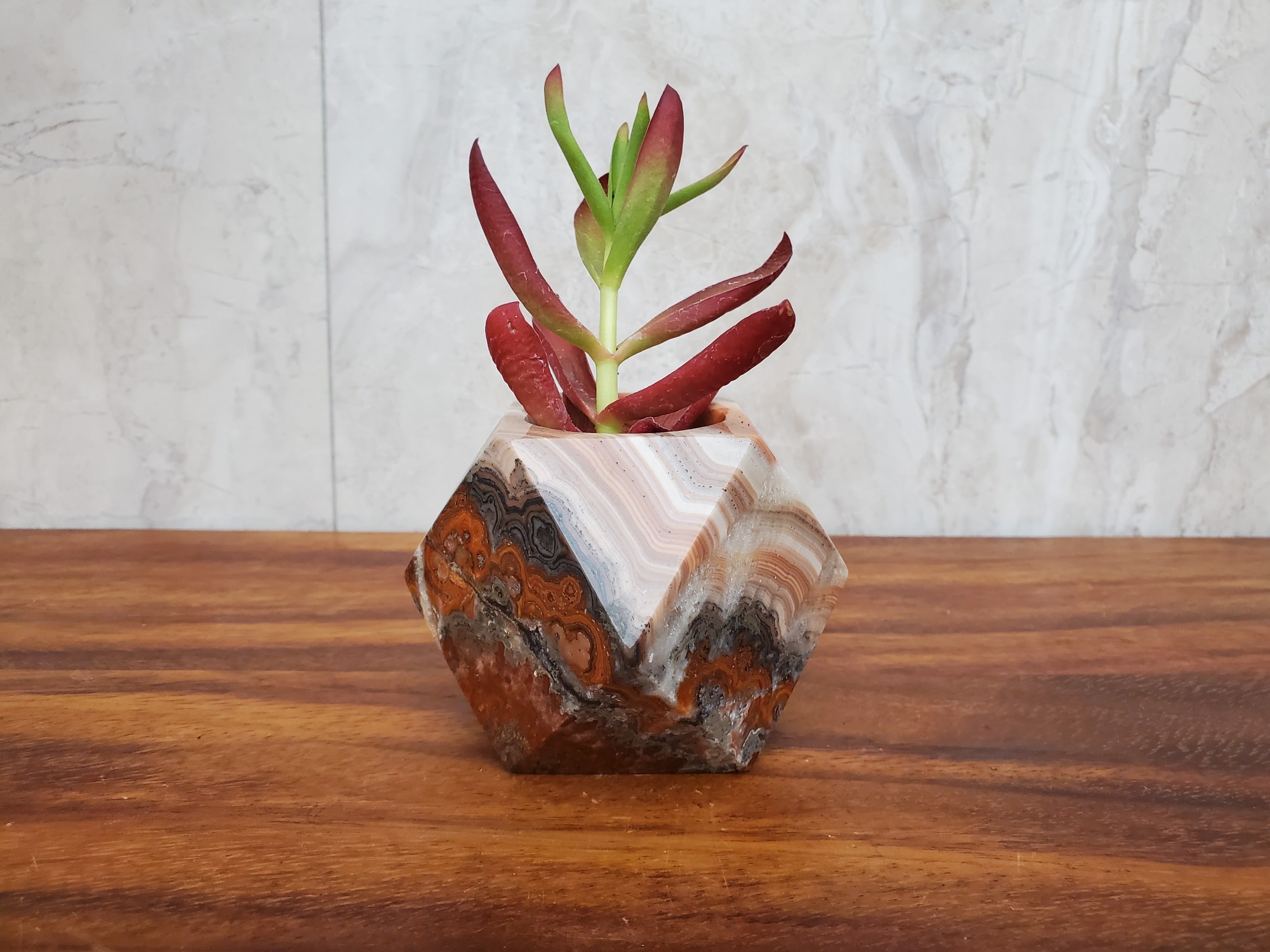 Red, White, and Gray Onyx Stone Geometric Mini Planter for Succulents and Terrariums. Handmade in Mexico. We ship and package from the USA. Buy now at www.felipeandgrace.com.