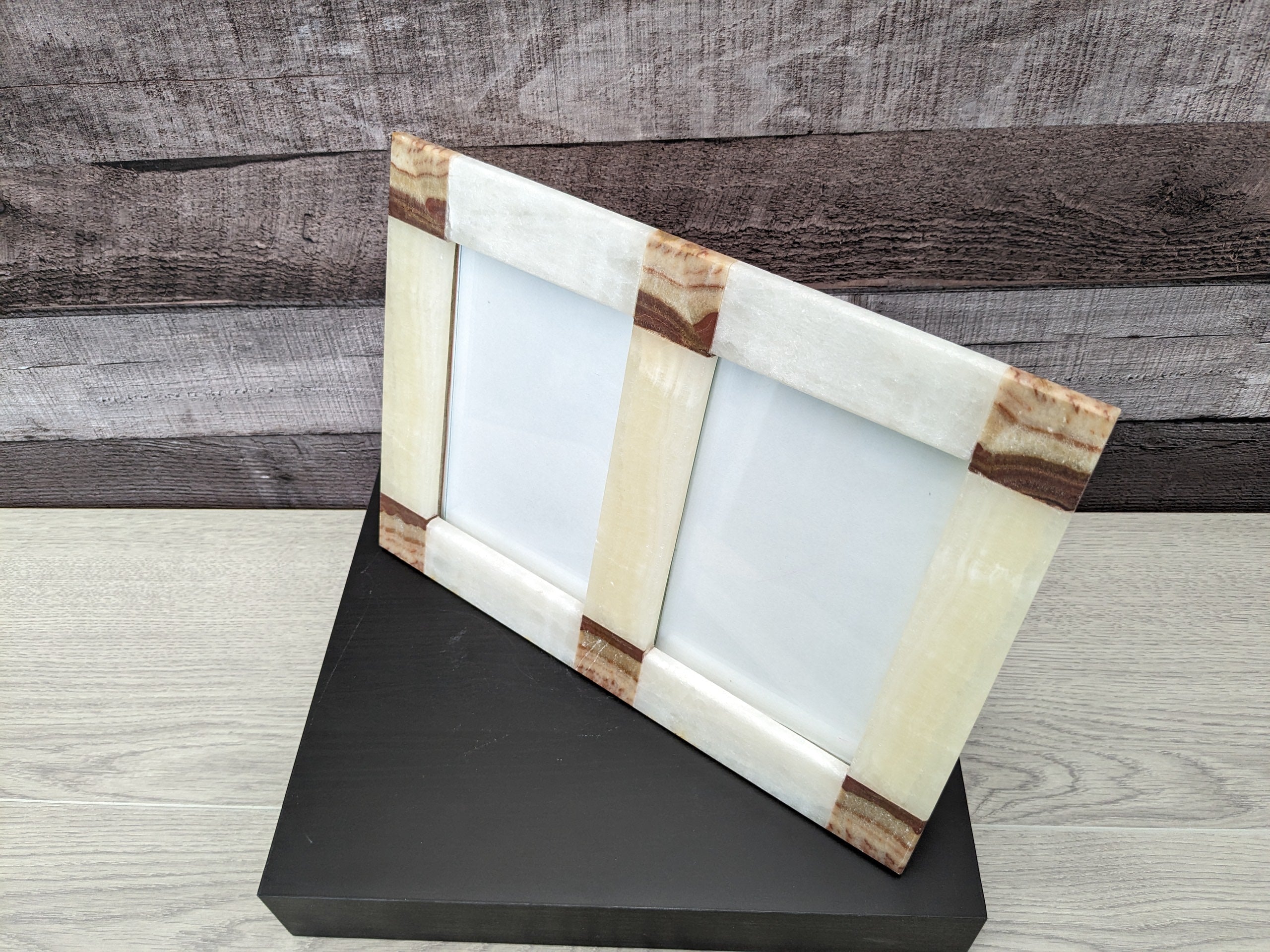 Beige and Brown Onyx and Travertine Stone Double Frame. Handmade in Mexico. We package and ship from the USA. Buy now at www.felipeandgrace.com.