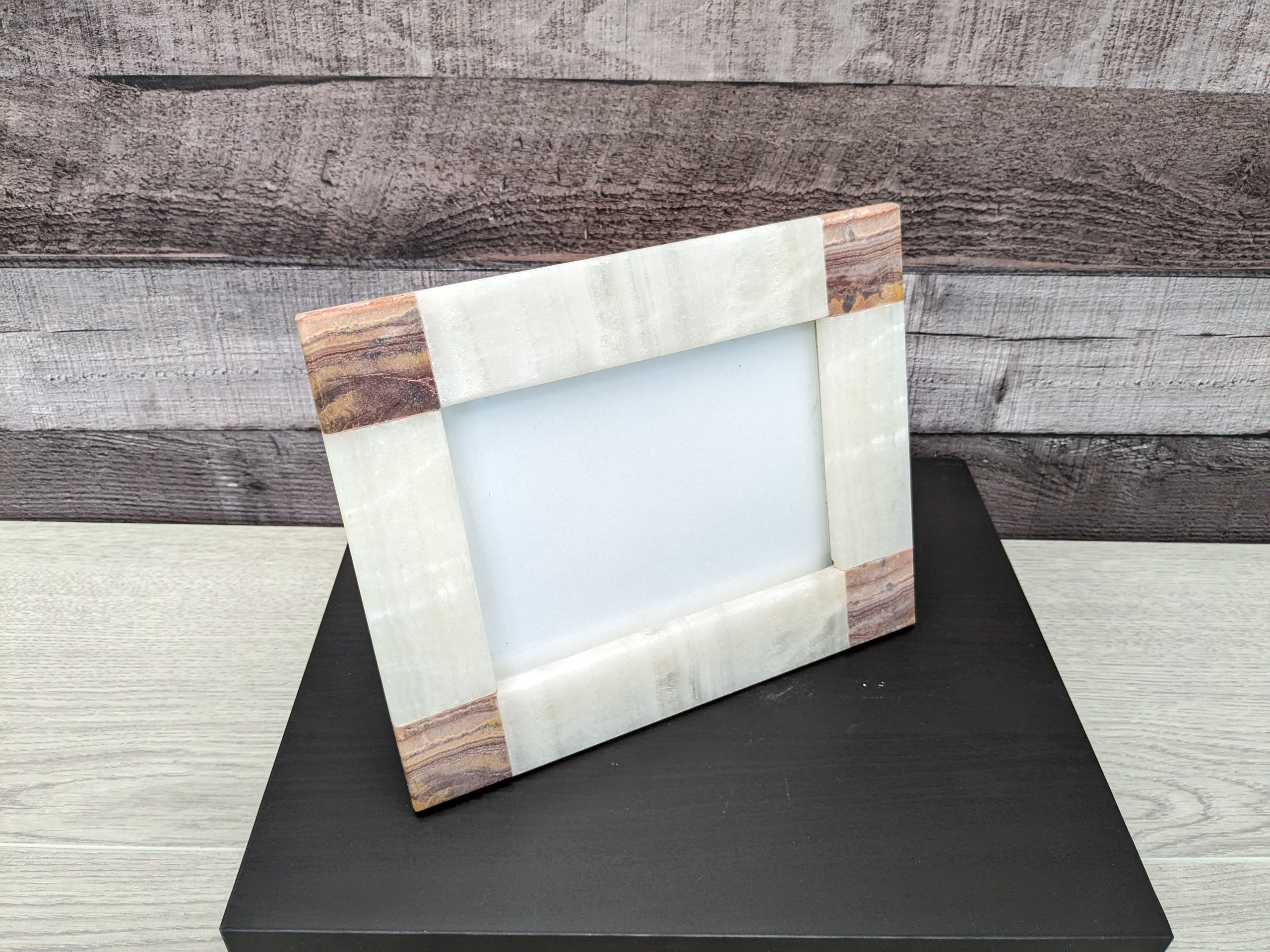 Beige and Brown Onyx and Travertine Stone Rectangle Frame with Glass. Handmade in Mexico. We package and ship from the USA. Buy now at www.felipeandgrace.com.