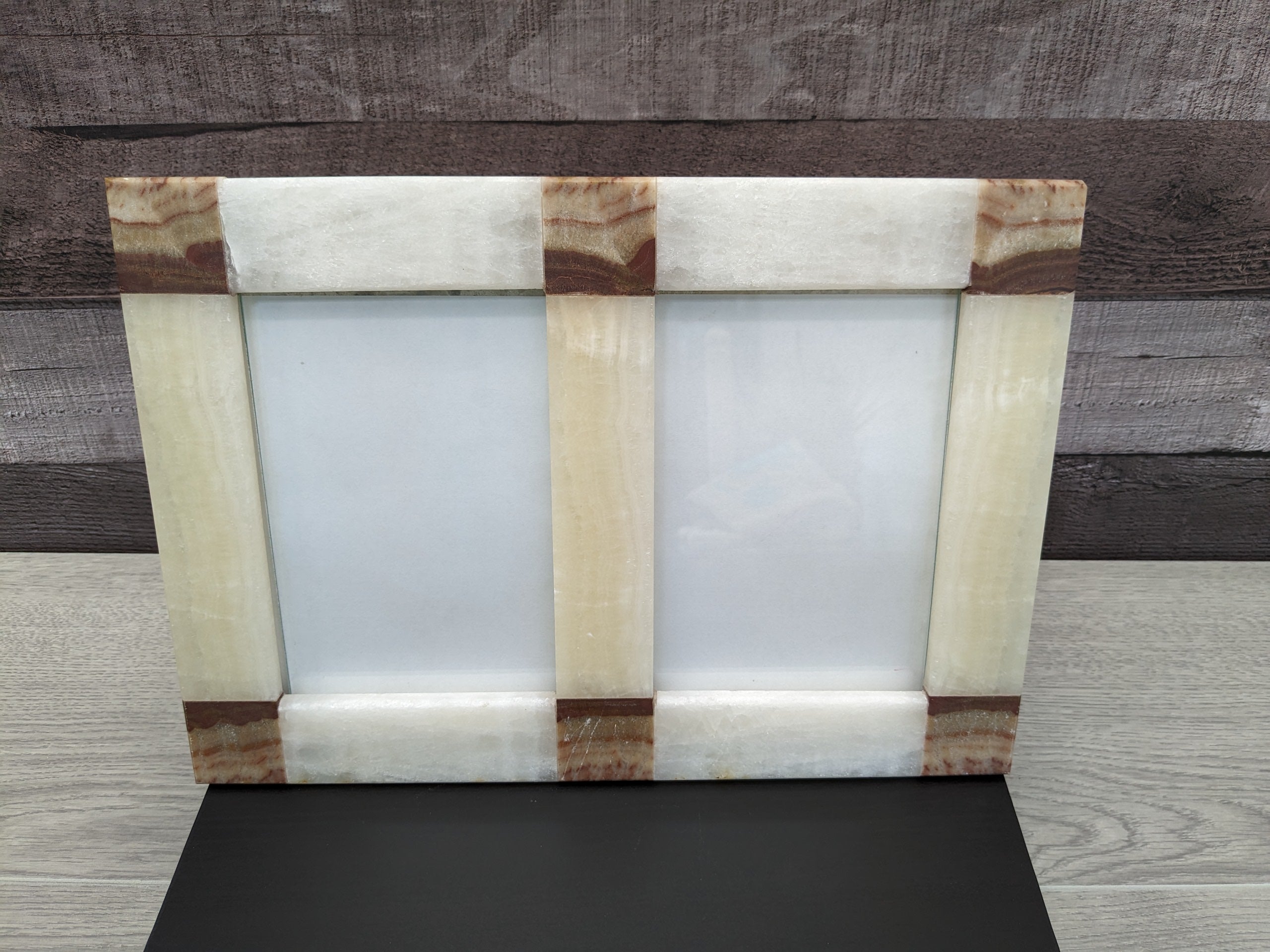 Beige and Brown Onyx and Travertine Stone Double Frame. Handmade in Mexico. We package and ship from the USA. Buy now at www.felipeandgrace.com.