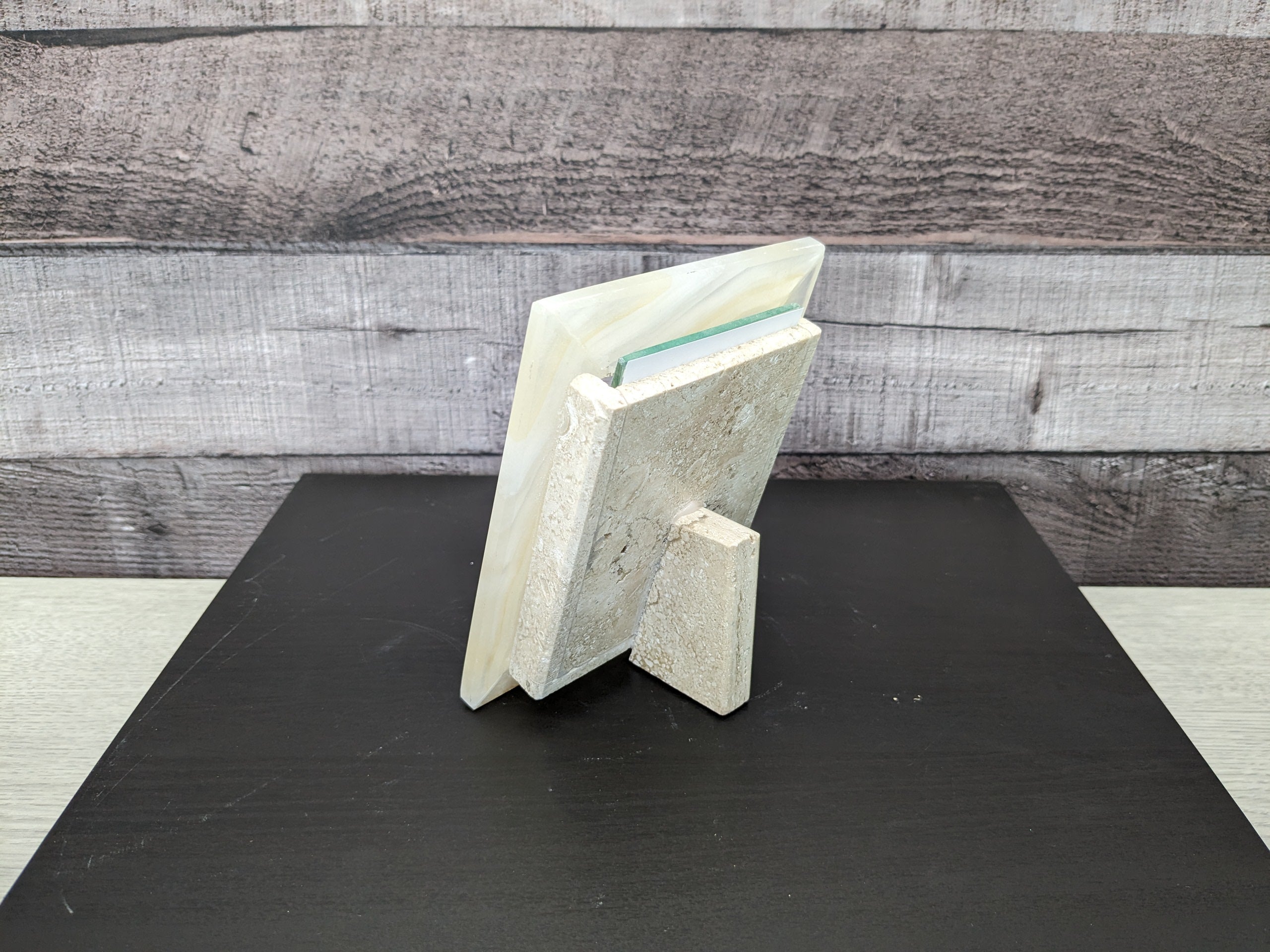 White Onyx Frame with Glass Covering and  Travertine Stone Stand. Handmade in Mexico. We package and ship from the USA. Buy now at www.felipeandgrace.com.