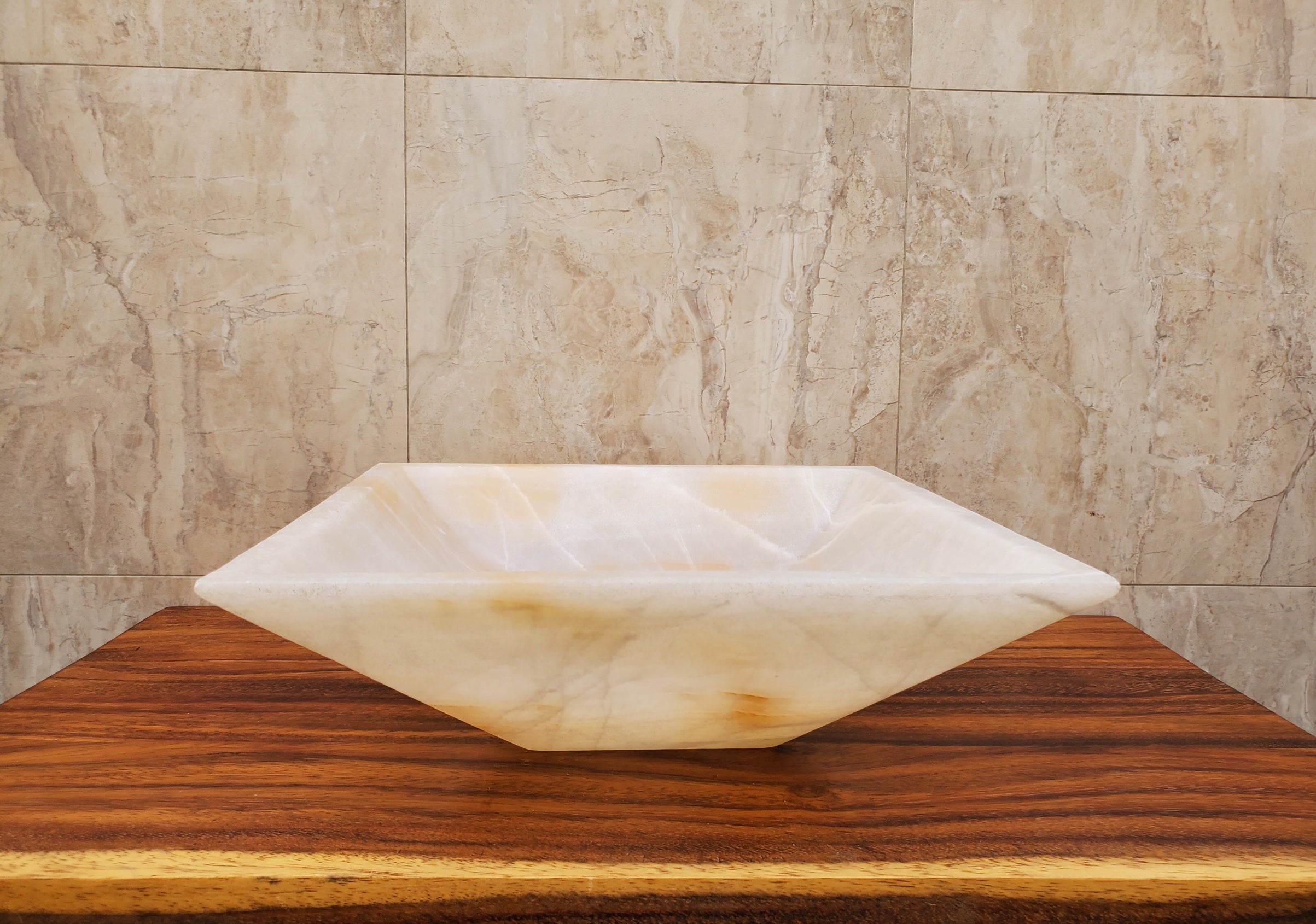 Orange and White Square Onyx Vessel Sink. Handmade in Mexico. We hand finish and ship from the USA. Buy now at www.felipeandgrace.com.