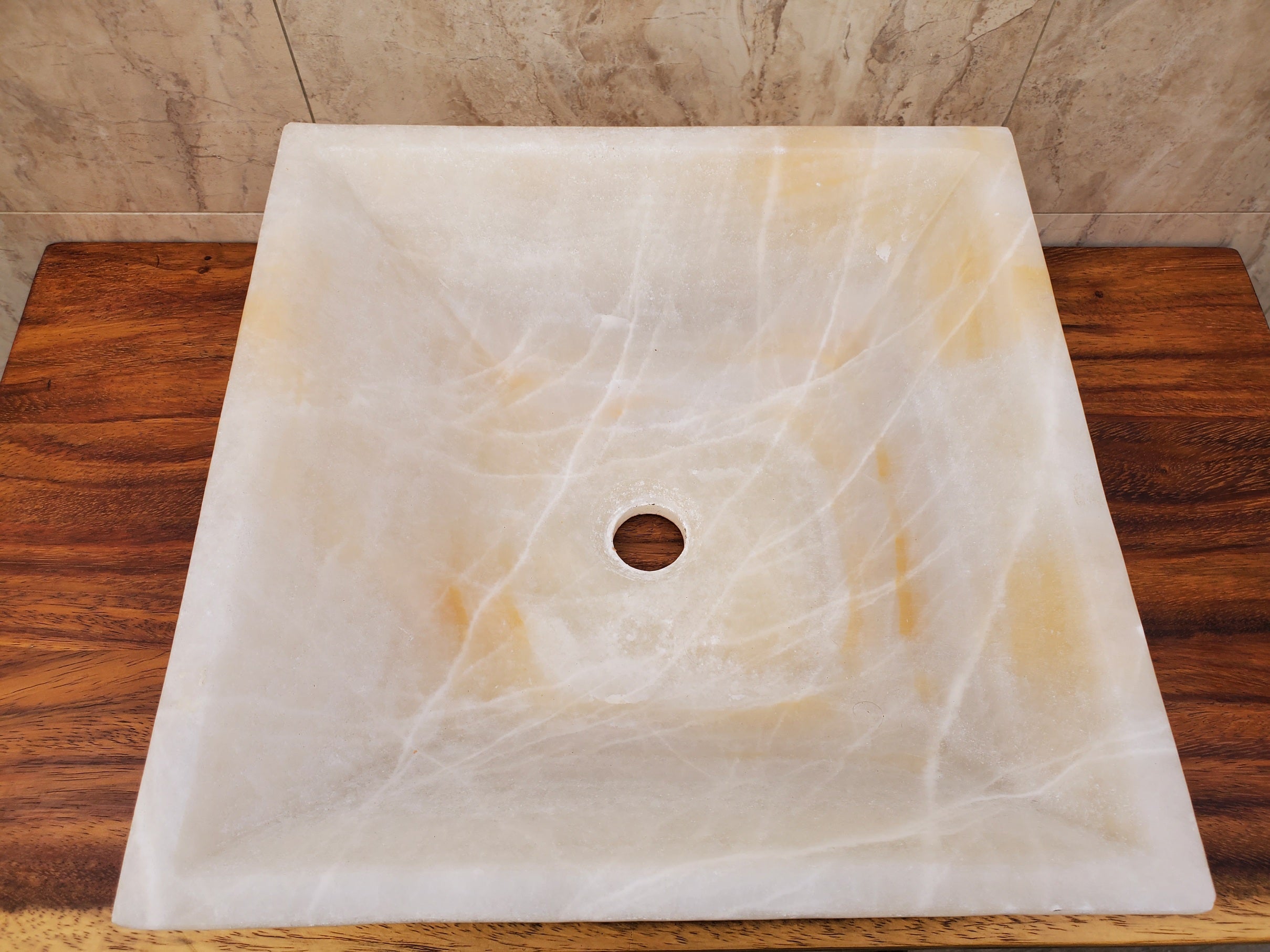 Orange and White Square Onyx Vessel Sink. Handmade in Mexico. We hand finish and ship from the USA. Buy now at www.felipeandgrace.com.