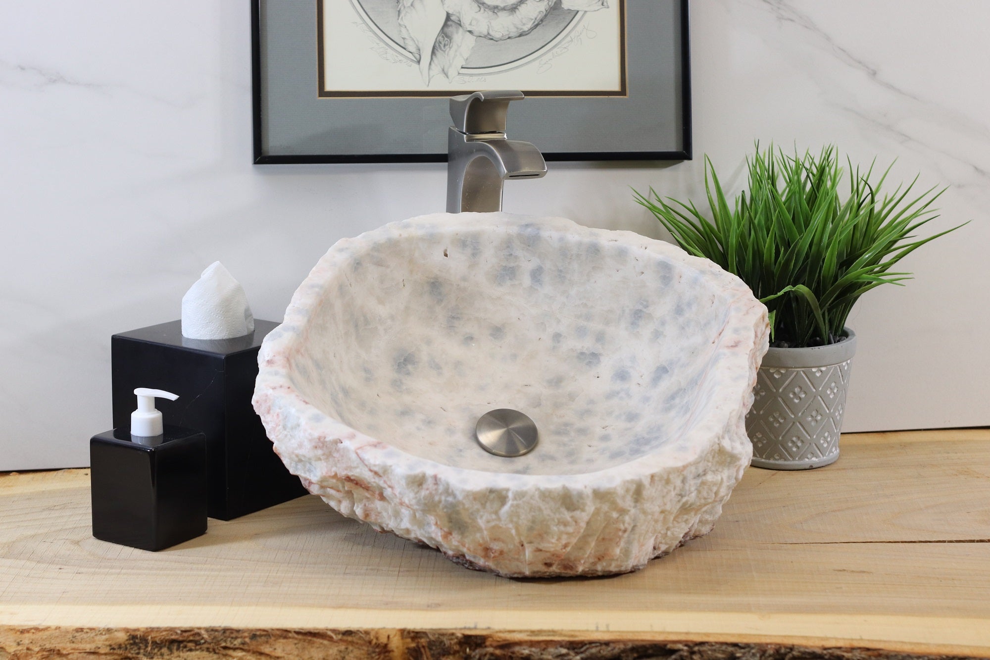 White and Gray Onyx Stone Bathroom Vessel Sink. A beautiful work of art. We offer fast shipping. Handmade in Mexico. We hand finish, package, and ship from the USA. Buy now at www.felipeandgrace.com. 