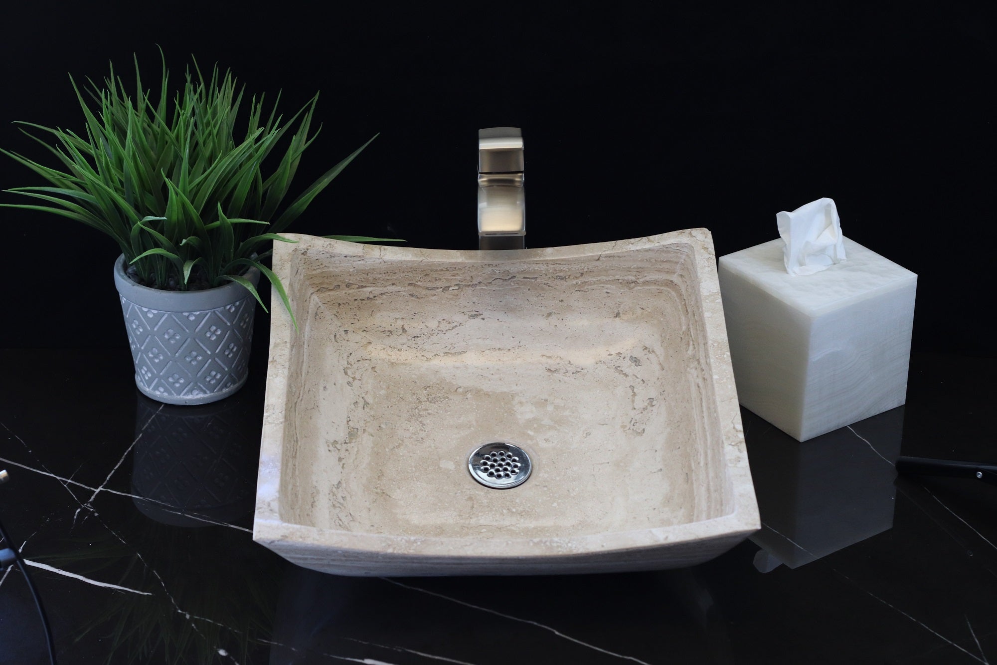 Beige Travertine Limestone Vessel Sink. A beautiful work of art. We offer fast shipping. Handmade in Mexico. We hand finish, package, and ship from the USA. Buy now at www.felipeandgrace.com. 