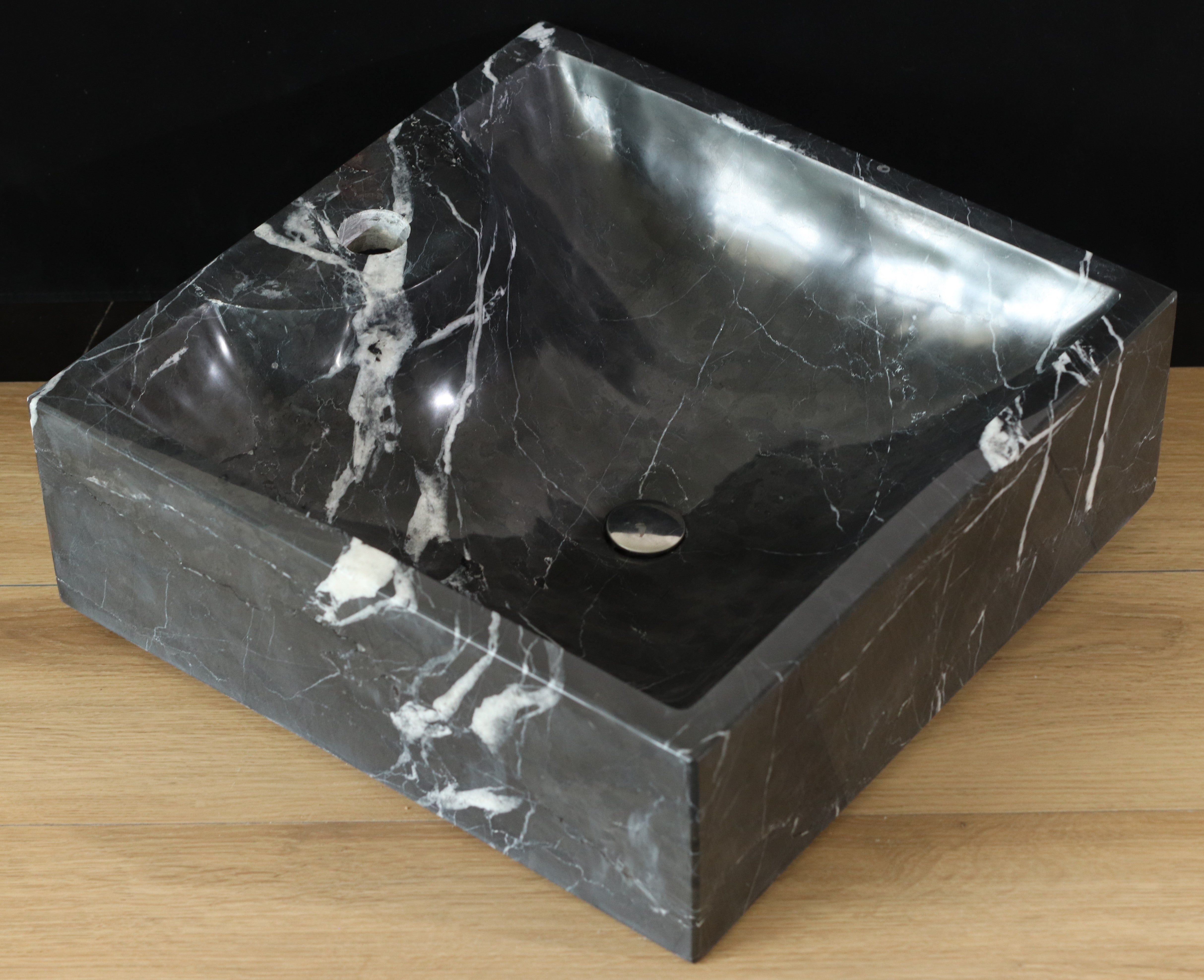 Square Black Marble Vessel Bathroom Sink. Handmade in Mexico. Ships from the USA. A beautiful work of art. Buy now at www.felipeandgrace.com. 
