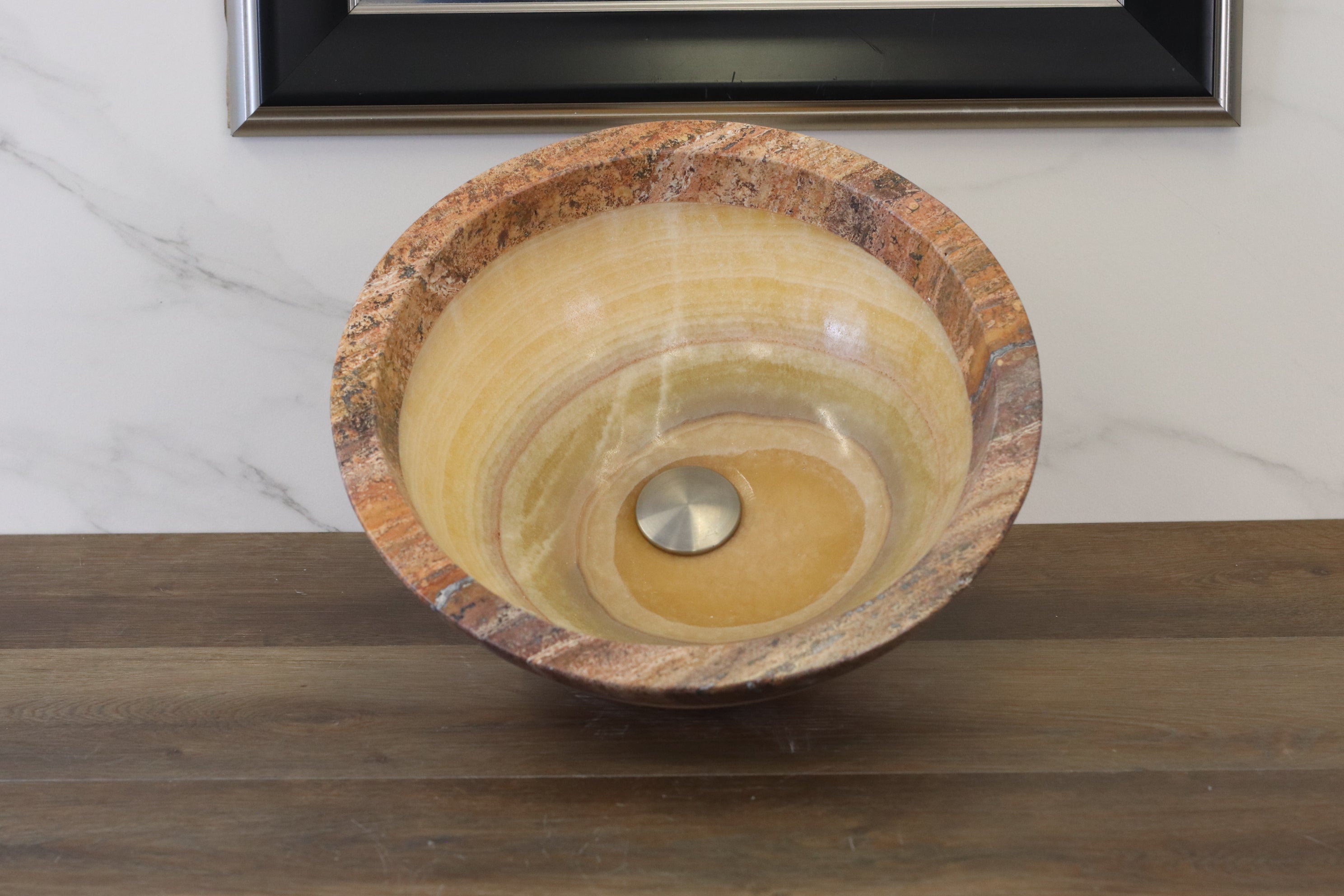 Onyx and Travertine Stone Vessel Sink - Round Bathroom Sinks Onyx Sinks Sinks Travertine Sinks