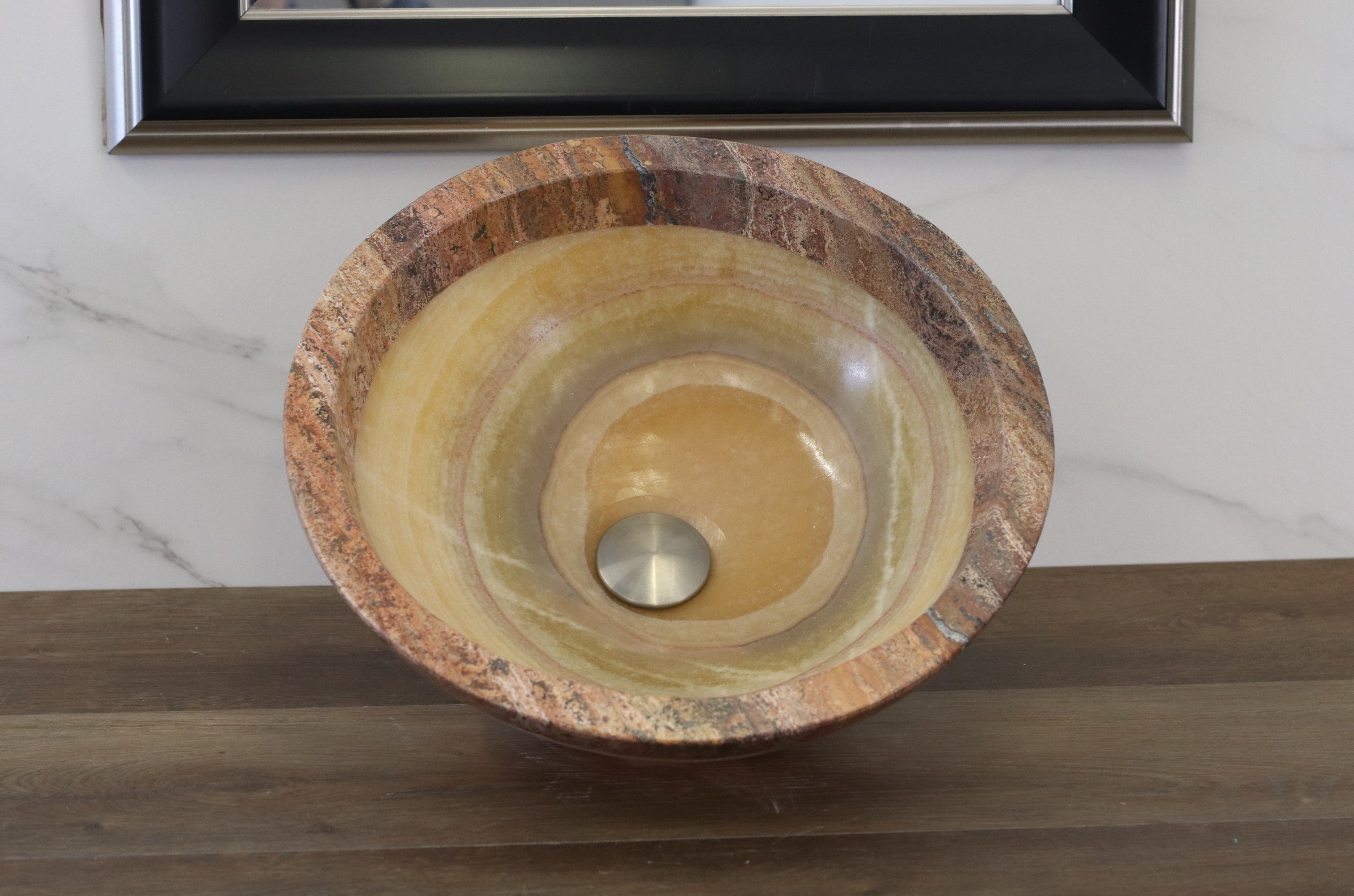 Onyx and Travertine Stone Vessel Sink - Round Bathroom Sinks Onyx Sinks Sinks Travertine Sinks
