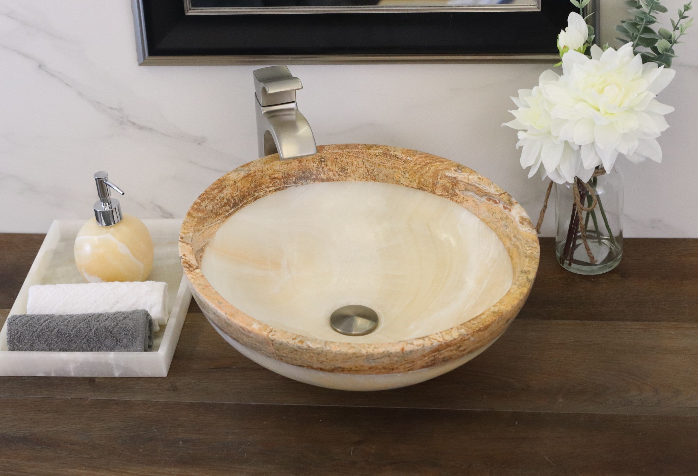 White Round Onyx and Travertine Stone Vessel Above Counter Bathroom Sink. Handmade in Mexico. Hand finished and ships from the USA. Buy now at www.felipeandgrace.com. 