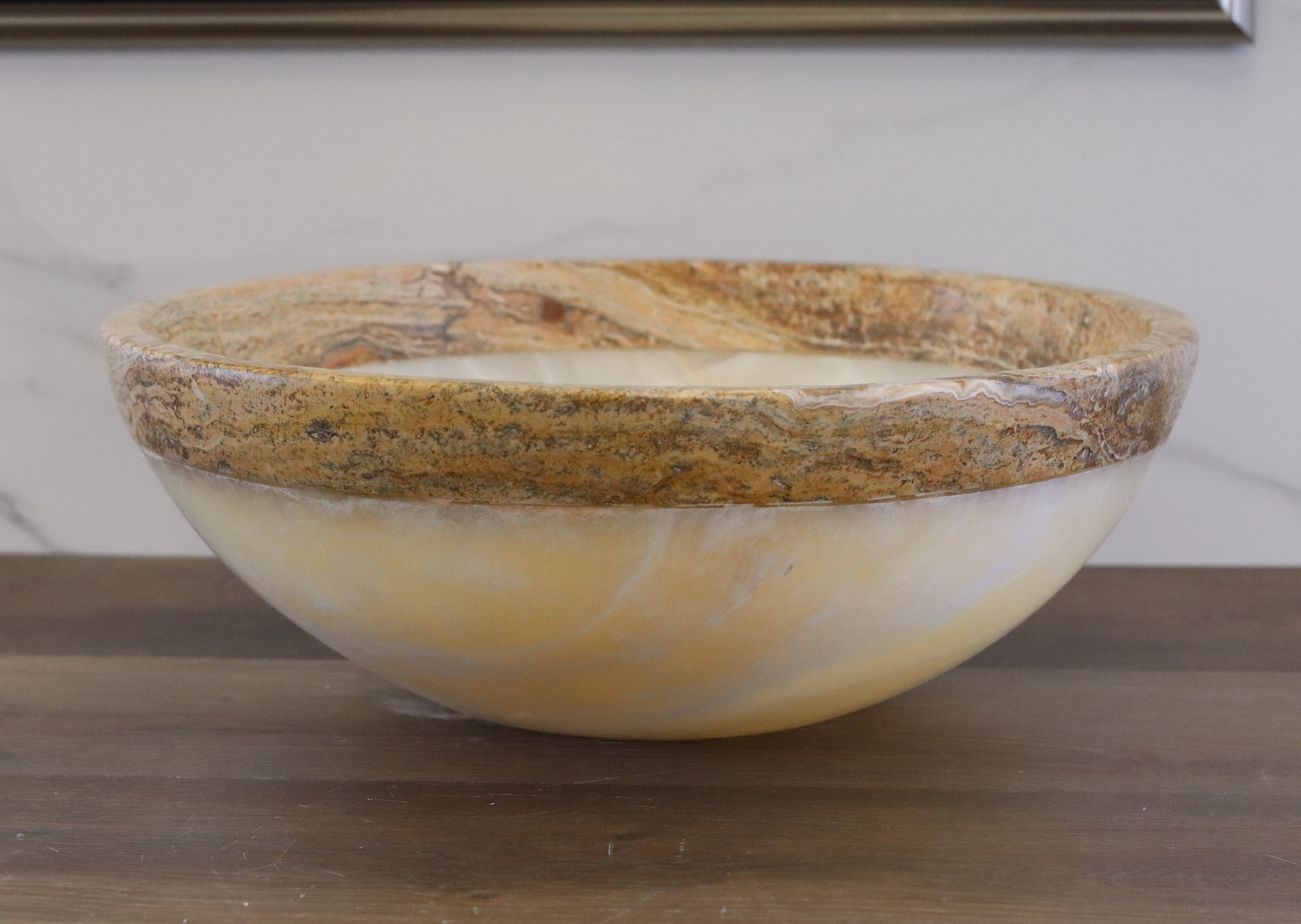 Onyx and Travertine Stone Vessel Sink (Round) Bathroom Sinks above counter sink above counter sinks Artistic Handmade Bathroom Décor cream brown rim cream brown trending luxury hand wash basin Home design trends luxury bathroom marble onyx sink modern contemporary natural stone sink plumbing Plumbing fixture plumbing fixtures polished above counter shabby chic Tan Brown Beige Travertine Stone vessel bowl basin vessel stone rustic