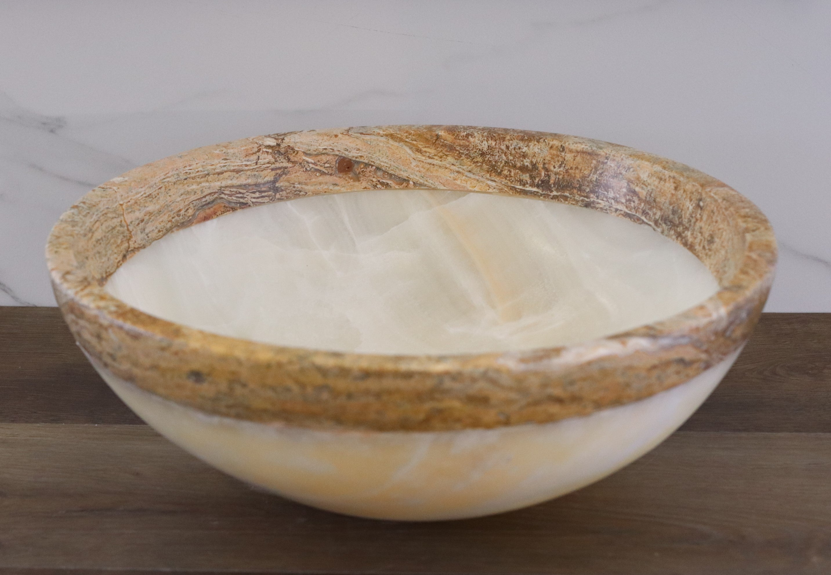 Onyx and Travertine Stone Vessel Sink (Round) Bathroom Sinks above counter sink above counter sinks Artistic Handmade Bathroom Décor cream brown rim cream brown trending luxury hand wash basin Home design trends luxury bathroom marble onyx sink modern contemporary natural stone sink plumbing Plumbing fixture plumbing fixtures polished above counter shabby chic Tan Brown Beige Travertine Stone vessel bowl basin vessel stone rustic