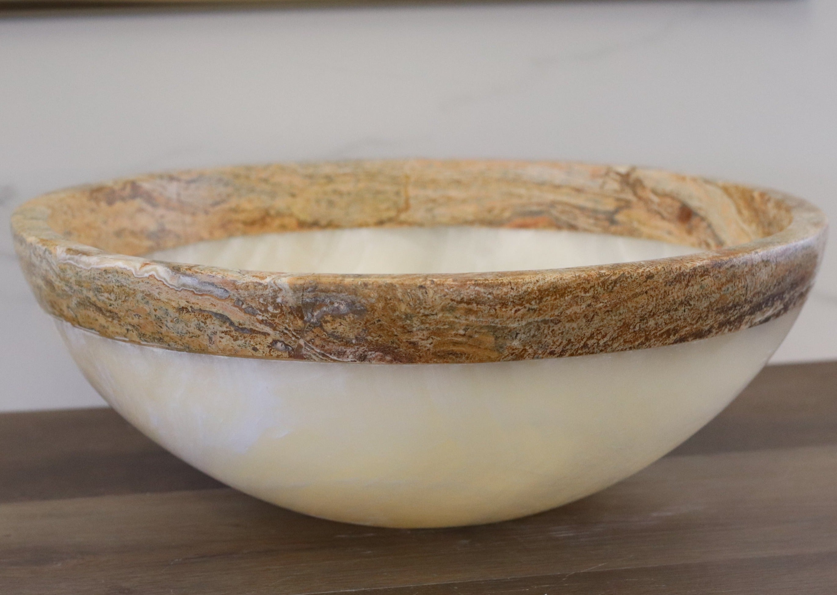 Onyx and Travertine Stone Vessel Sink (Round) Bathroom Sinks above counter sink above counter sinks Artistic Handmade Bathroom Décor cream brown rim cream brown trending luxury hand wash basin Home design trends luxury bathroom marble onyx sink modern contemporary natural stone sink plumbing Plumbing fixture plumbing fixtures polished above counter shabby chic Tan Brown Beige Travertine Stone vessel bowl basin vessel stone rustic