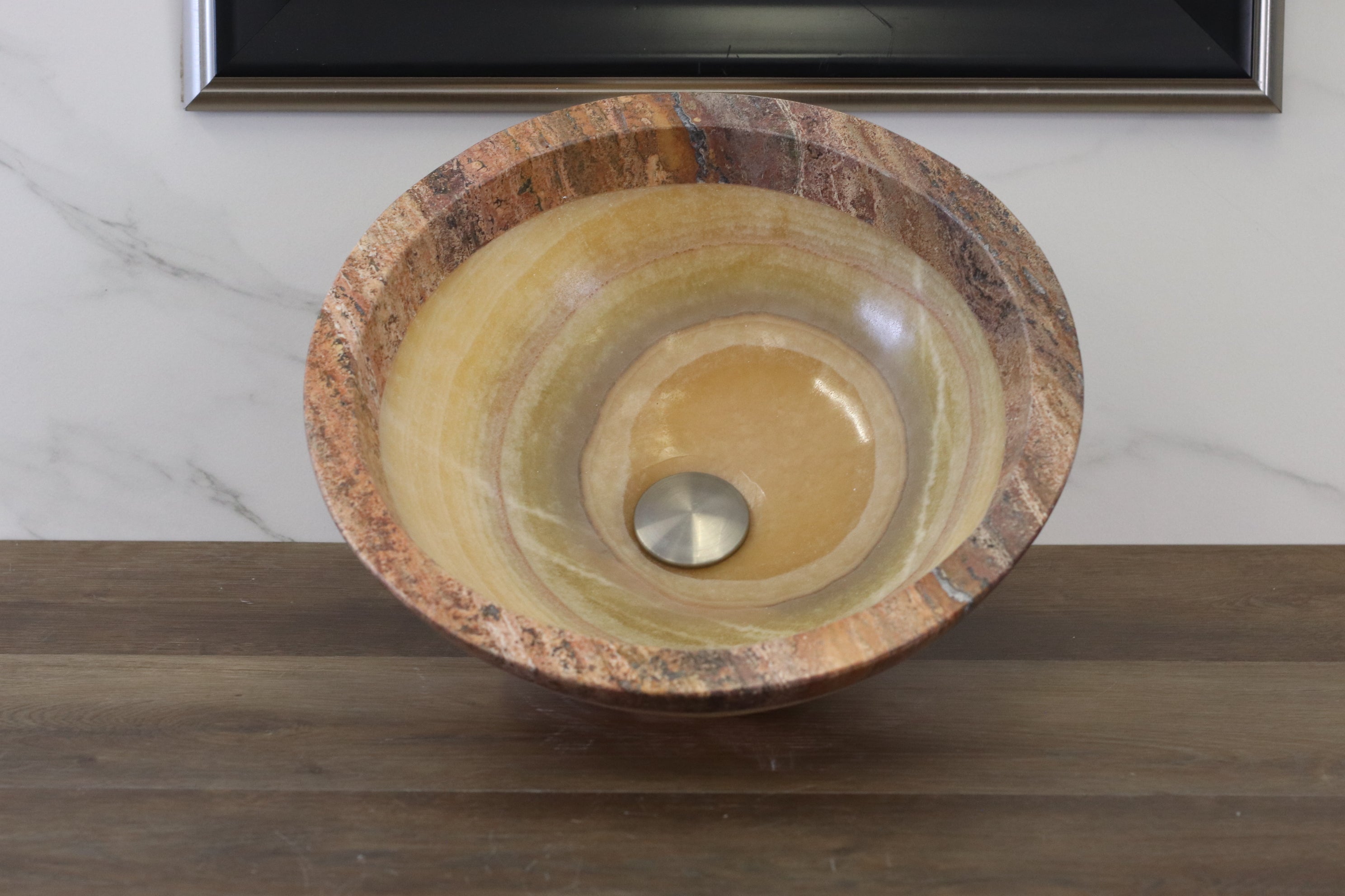 Onyx and Travertine Stone Vessel Sink - Round Bathroom Sinks Onyx Sinks Sinks Travertine Sinks