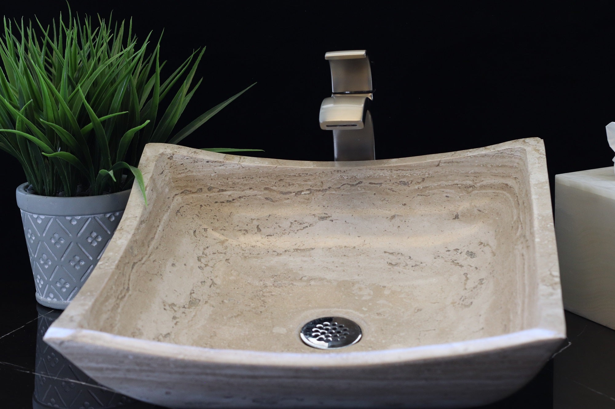 Beige Travertine Limestone Vessel Sink. A beautiful work of art. We offer fast shipping. Handmade in Mexico. We hand finish, package, and ship from the USA. Buy now at www.felipeandgrace.com. 