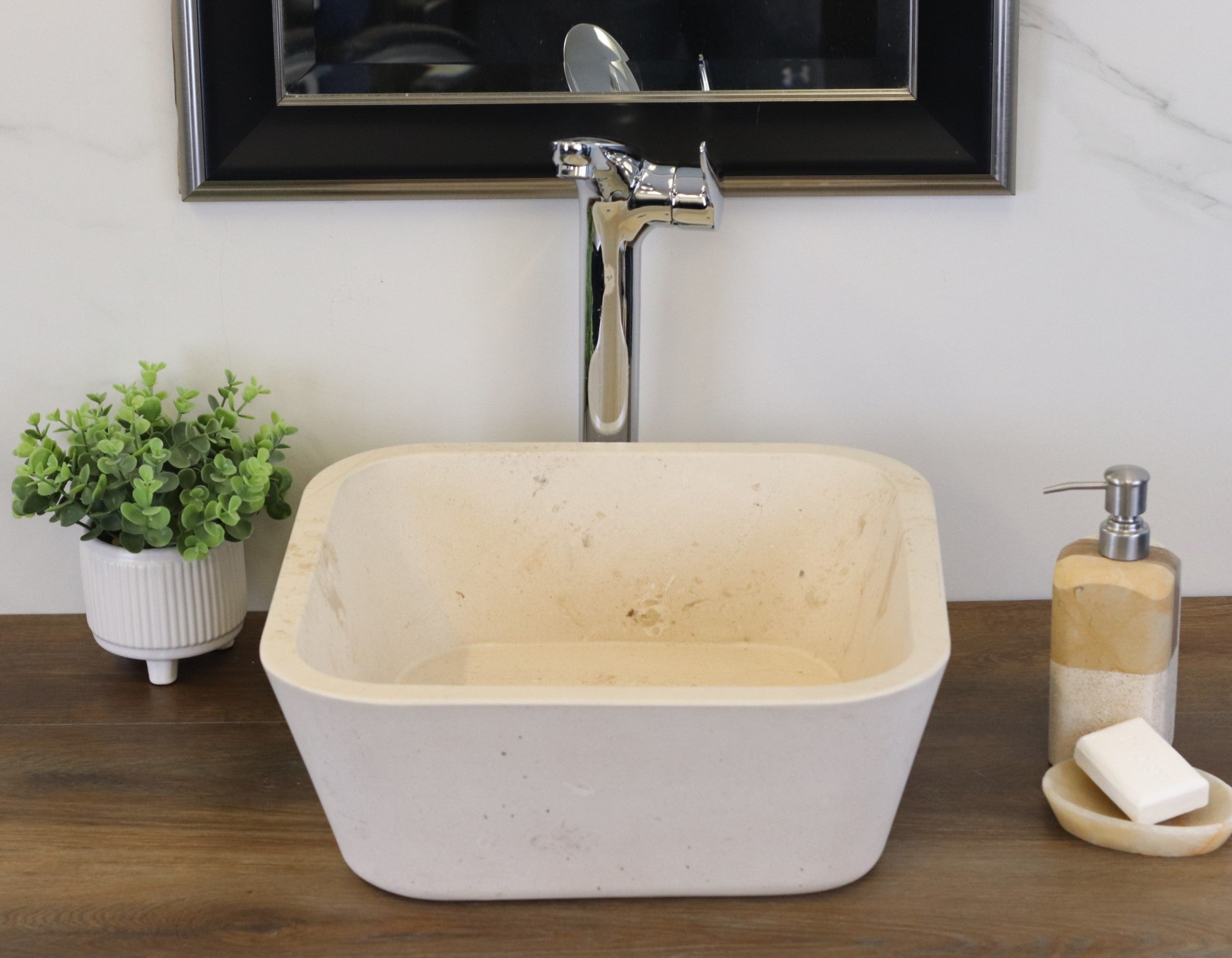 Square Ivory Beige and Cream Travertine Vessel Sink. A beautiful work of art. We offer fast shipping. Handmade in Mexico. We hand finish, package, and ship from the USA. Buy now at www.felipeandgrace.com. 