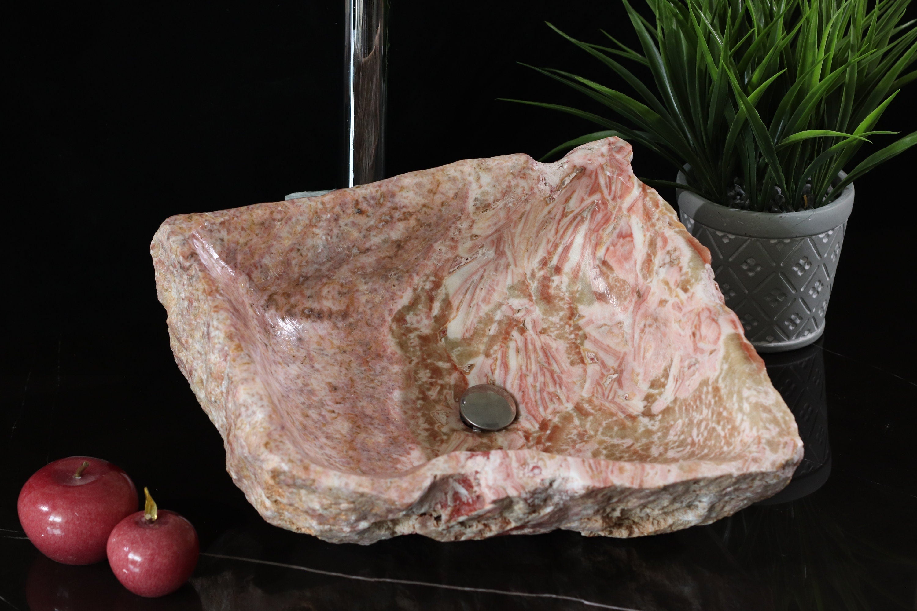 Pink and Beige Onyx Vessel Sink. Handmade in Mexico. We hand finish, package, and ship from the USA. Buy now at www.felipeandgrace.com. 