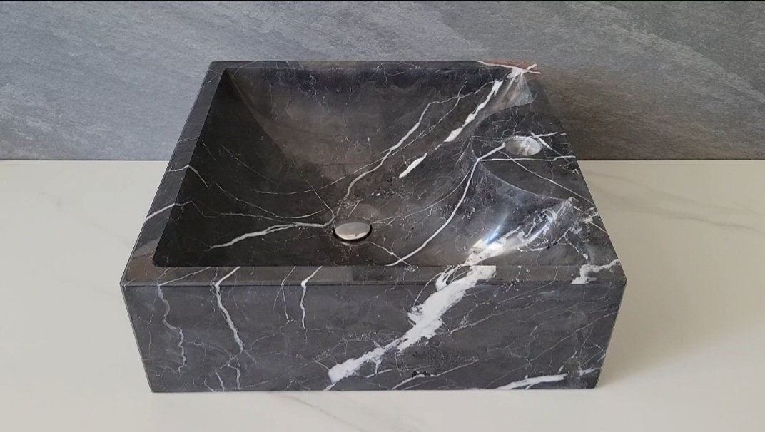 Square Black Marble Vessel Bathroom Sink with White Veining. Handmade in Mexico. Ships from the USA. Buy now at www.felipeandgrace.com.