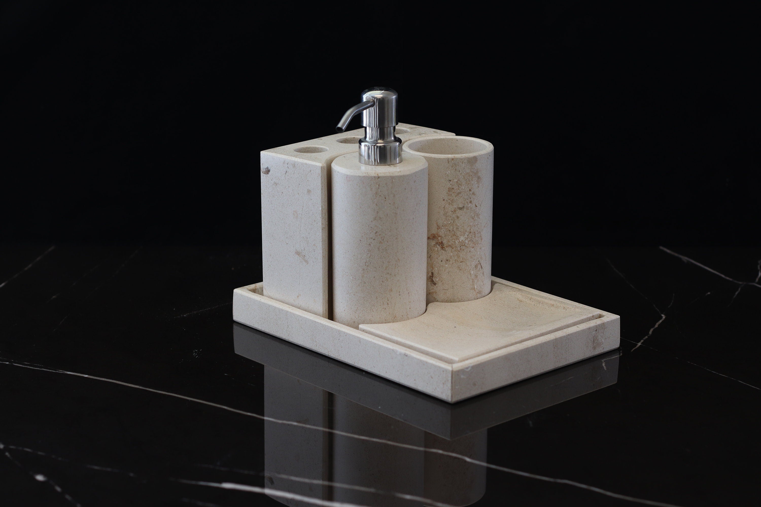 Set of 4 Travertine Bathroom Accessories Soap Dispenser & Toothbrush Holder  & Cup & Tray