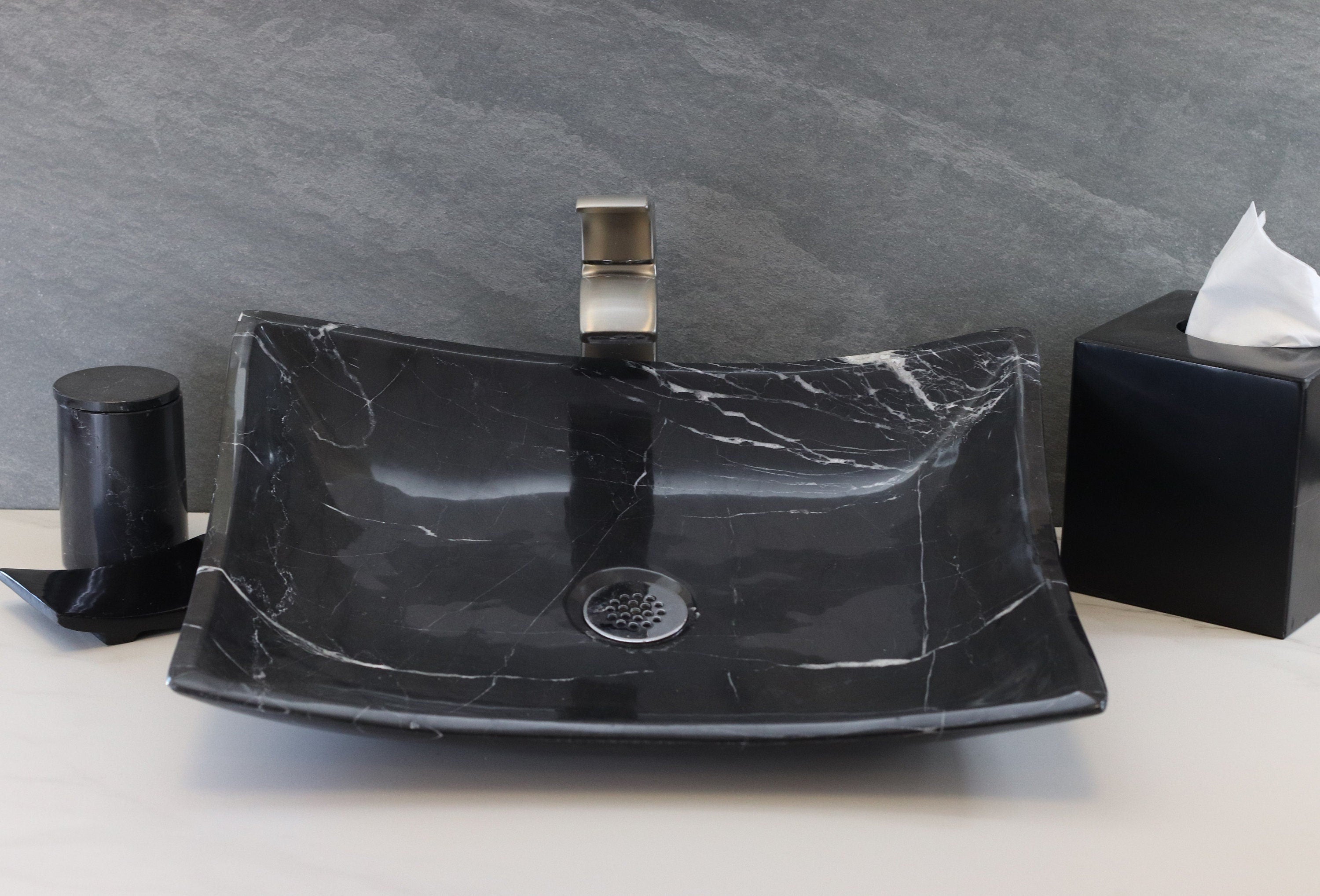Rectangle Black Marble Polished Finish Vessel Sink. A beautiful work of art. We offer fast shipping. Handmade in Mexico. We hand finish, package, and ship from the USA. Buy now at www.felipeandgrace.com. 