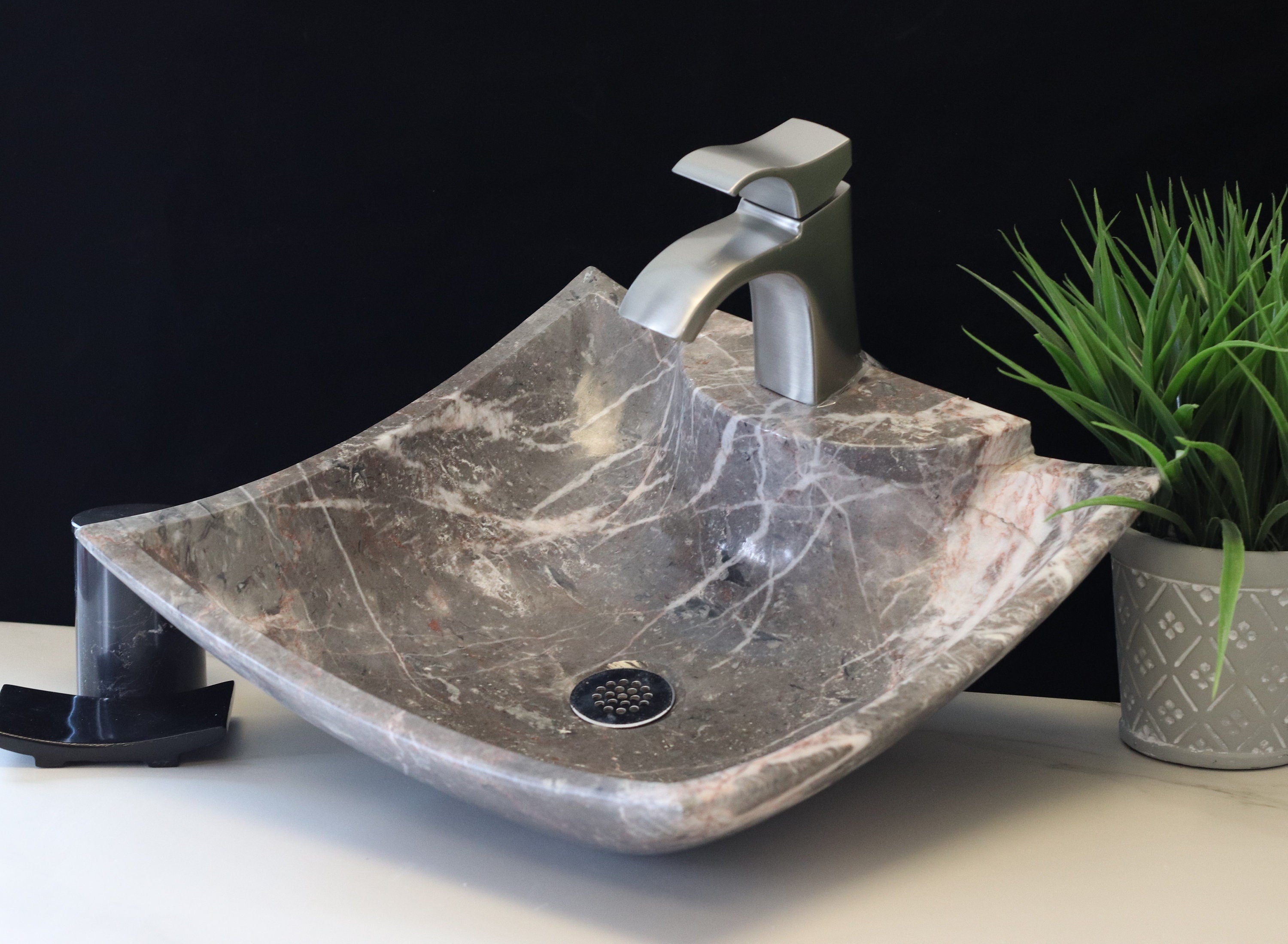Square Grey Marble Vessel Bathroom Above Counter Sink with Polished Finish. Handmade in Mexico. Ships from the USA. Buy Now at www.felipeandgrace.com.