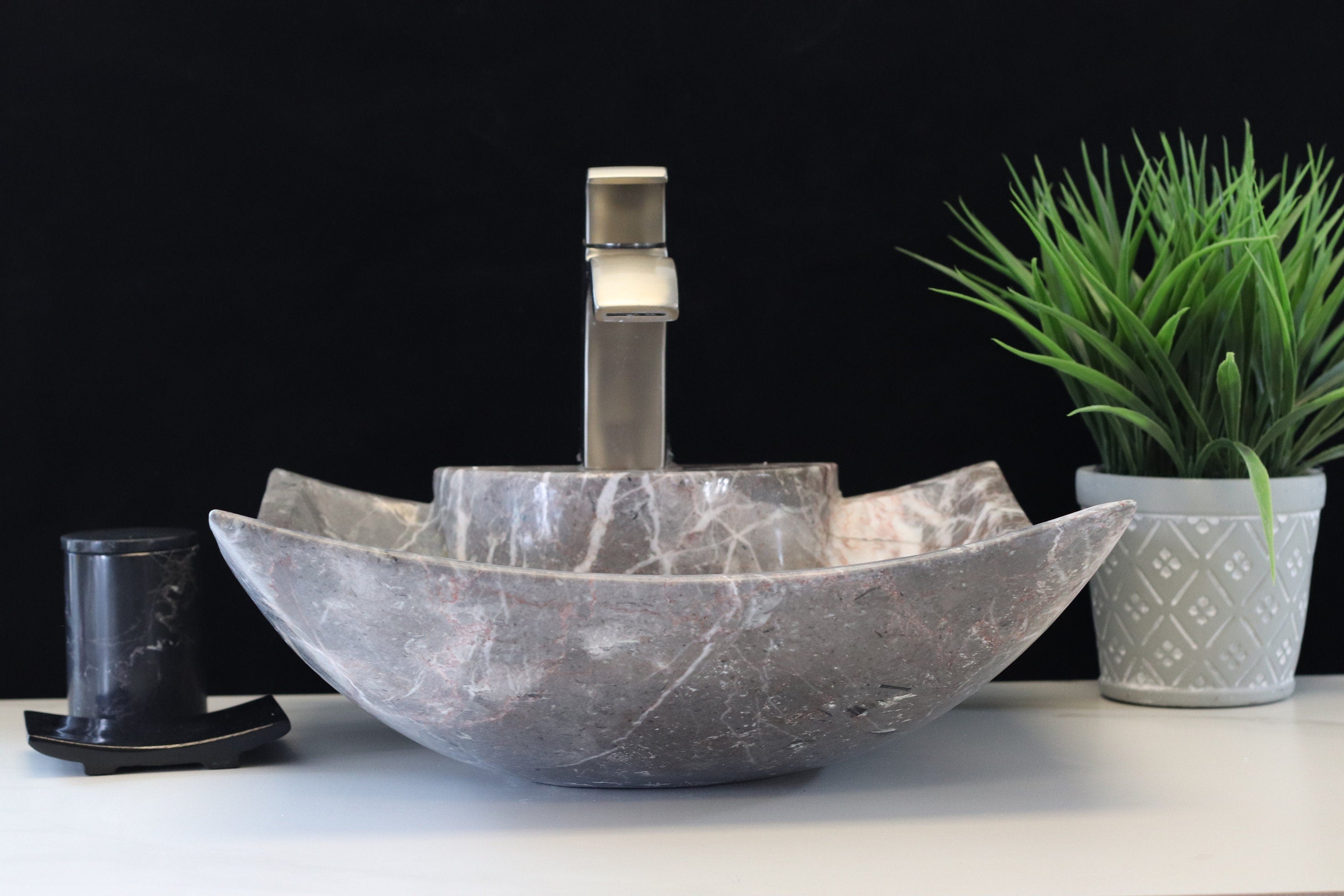 Square Grey Marble Vessel Bathroom Above Counter Sink with Polished Finish. Handmade in Mexico. Ships from the USA. Buy Now at www.felipeandgrace.com.