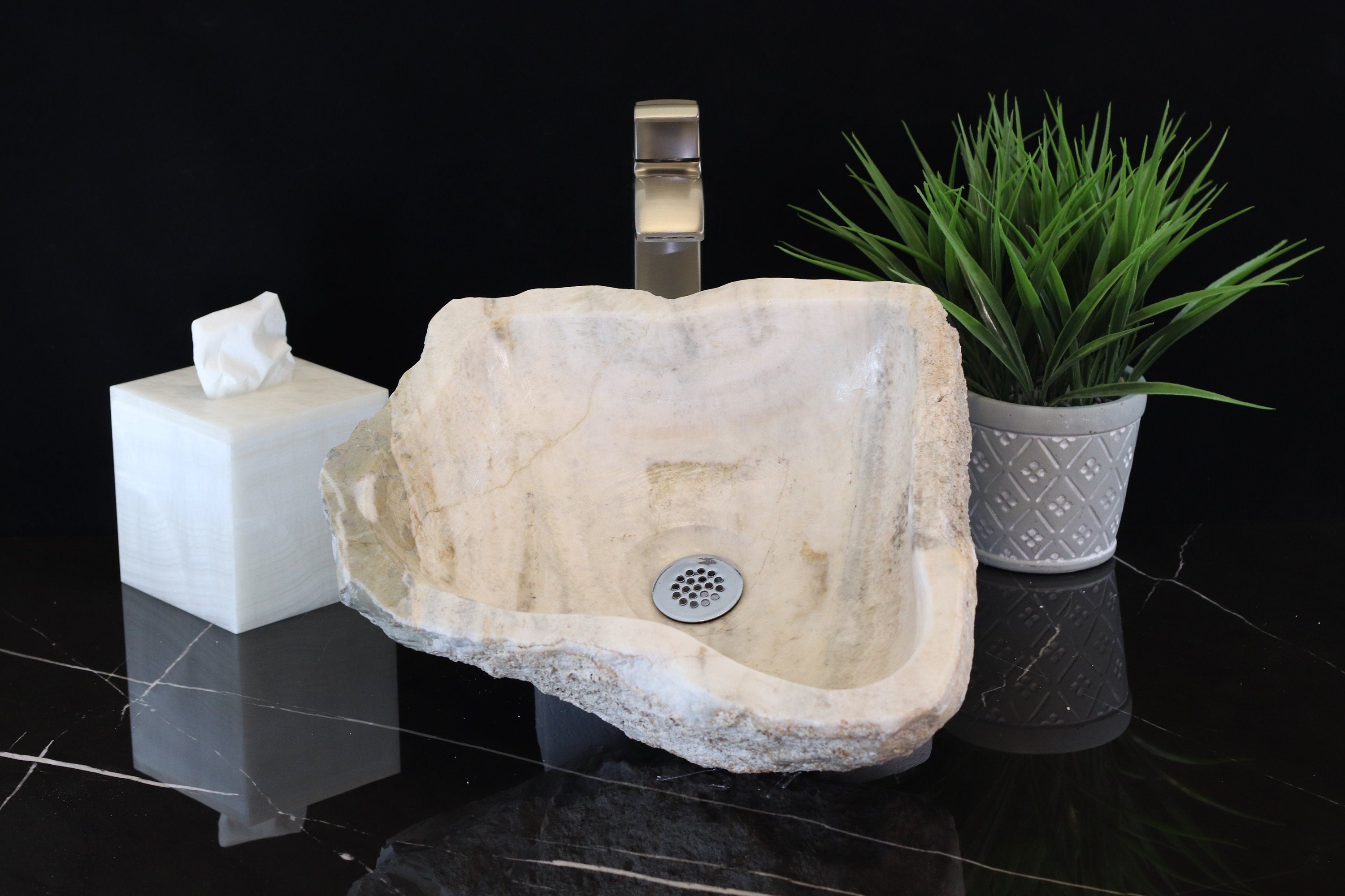 Rustic White Onyx Vessel Sink. A beautiful work of art. Handmade in Mexico. We hand finish, package, and ship from the USA. Buy now at www.felipeandgrace.com. 