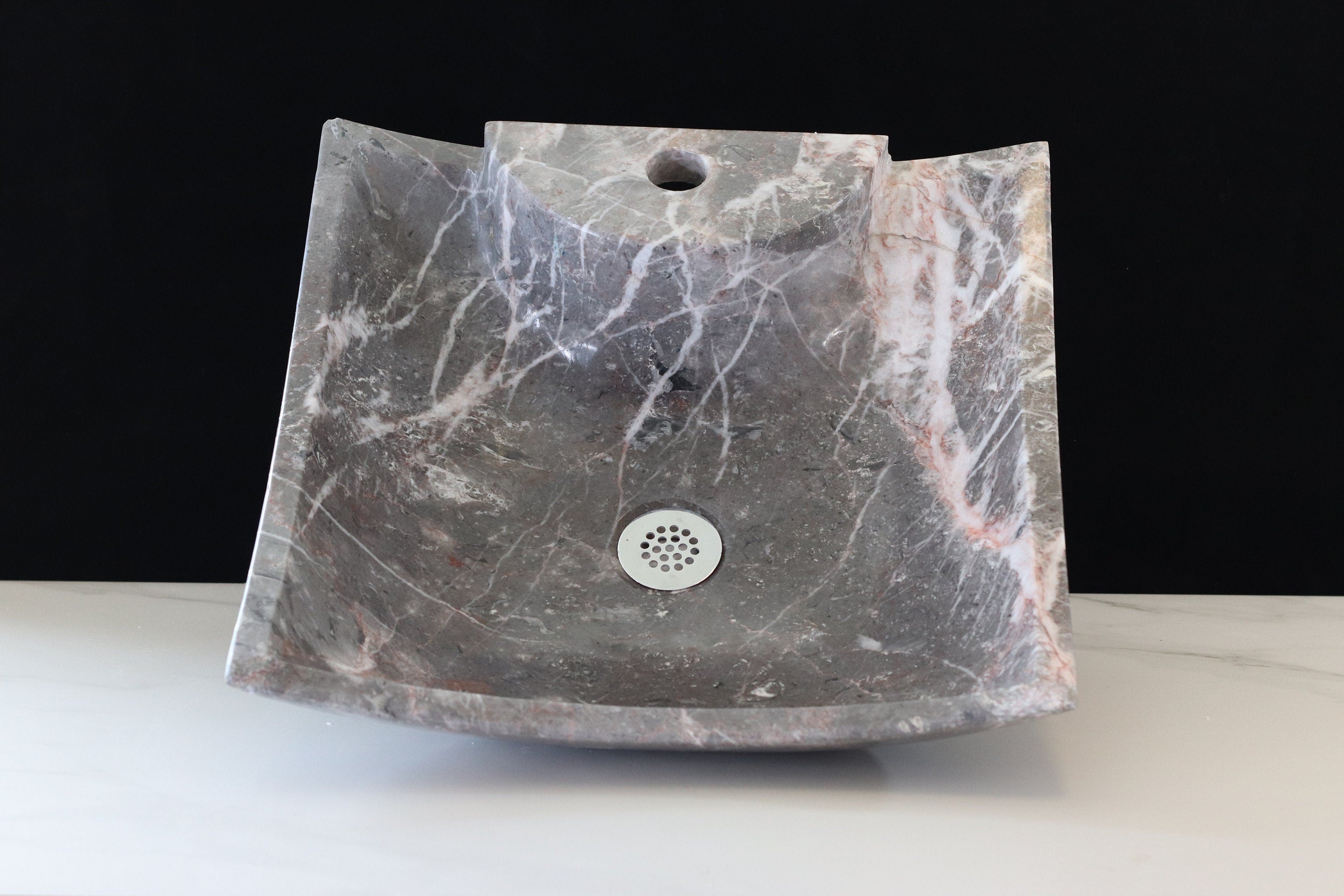 Square Grey Marble Vessel Bathroom Above Counter Sink with Polished Finish. Handmade in Mexico. Ships from the USA. Buy Now at www.felipeandgrace.com.