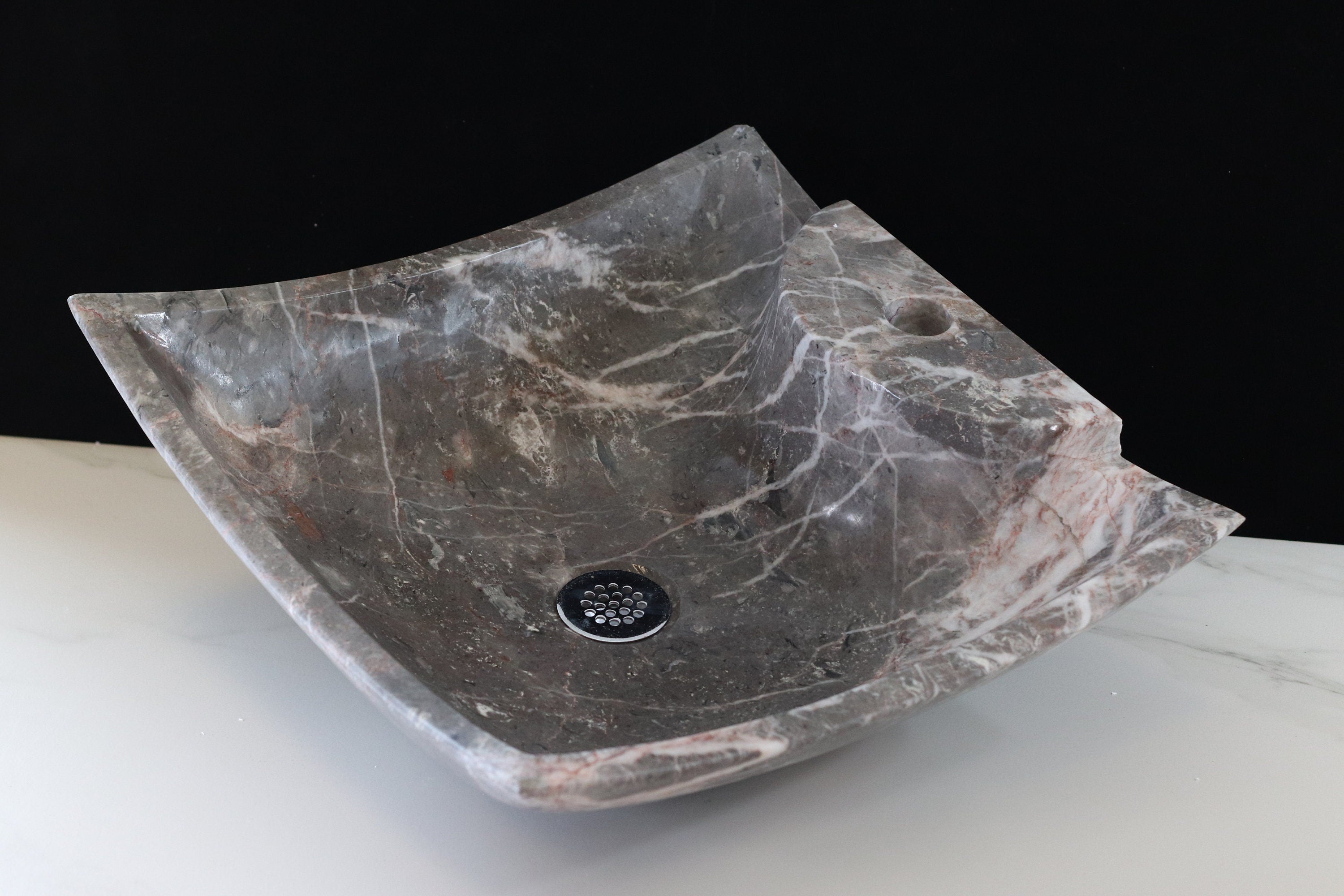 Square Grey Marble Vessel Bathroom Above Counter Sink with Polished Finish. Handmade in Mexico. Ships from the USA. Buy Now at www.felipeandgrace.com.