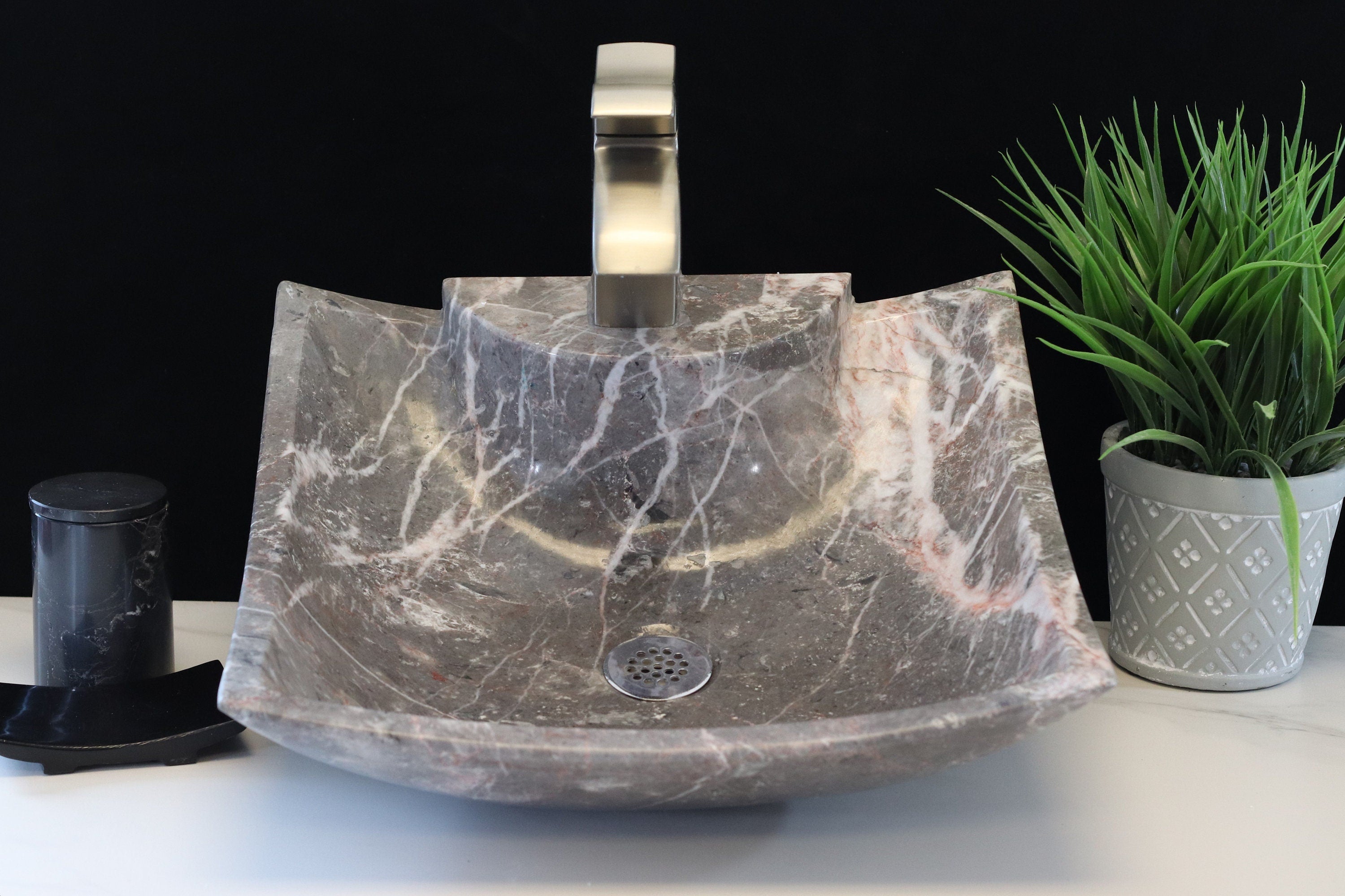 Square Grey Marble Vessel Bathroom Above Counter Sink with Polished Finish. Handmade in Mexico. Ships from the USA. Buy Now at www.felipeandgrace.com.