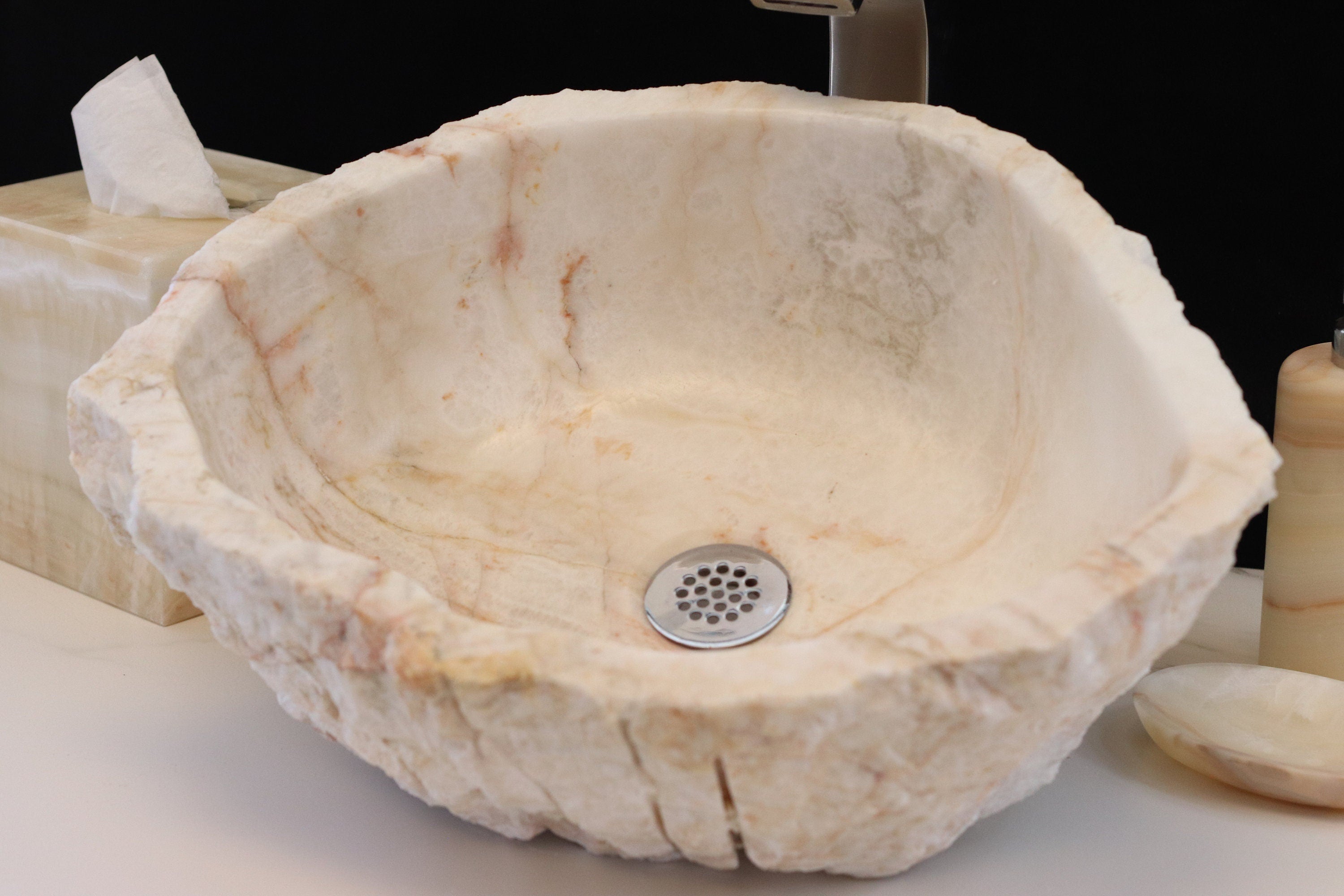 White and Beige Onyx Vessel Sink. Handmade in Mexico. We hand finish, package, and ship from the USA. Buy now at www.felipeandgrace.com. 