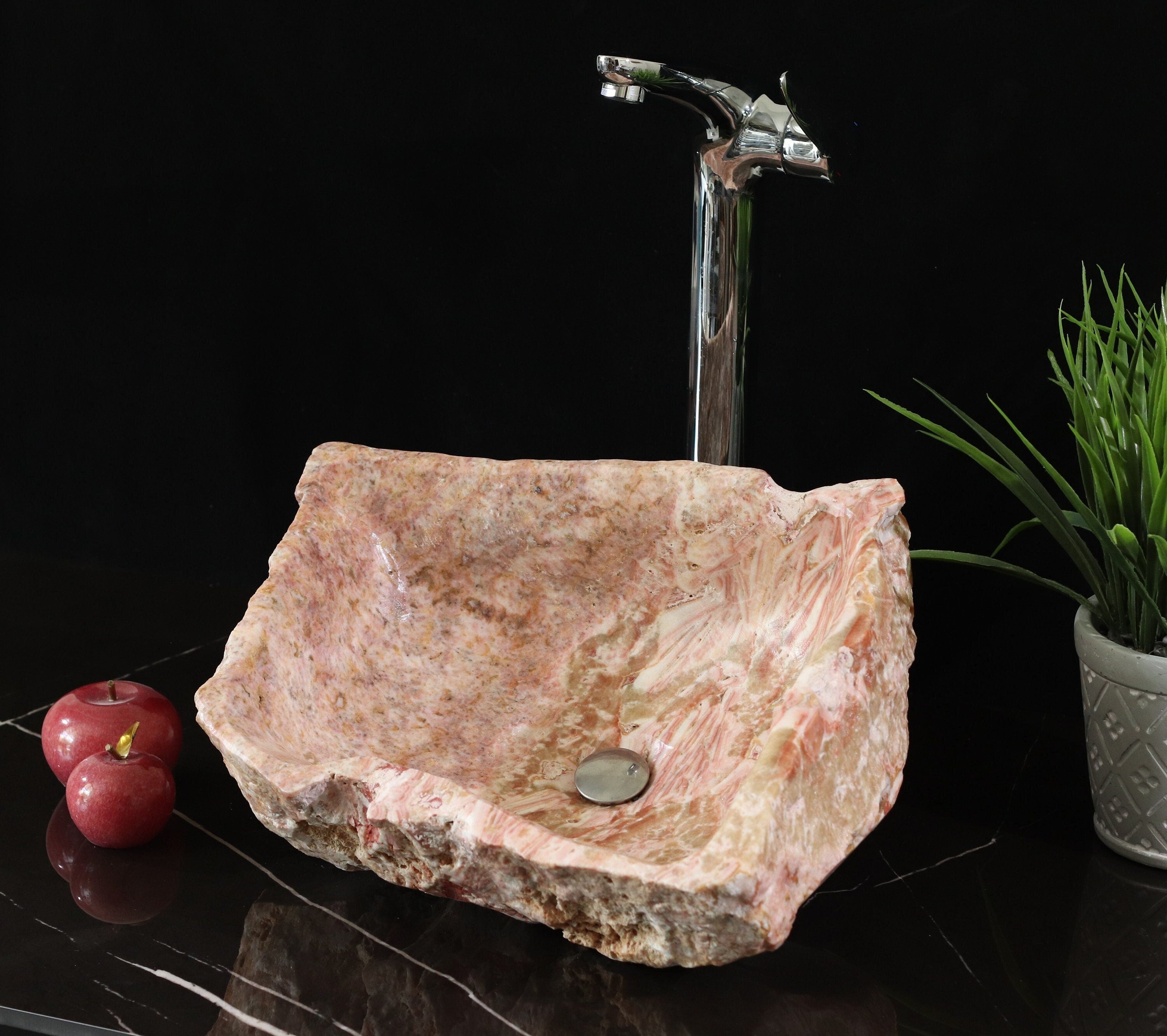 Pink and Beige Onyx Vessel Sink. Handmade in Mexico. We hand finish, package, and ship from the USA. Buy now at www.felipeandgrace.com. 