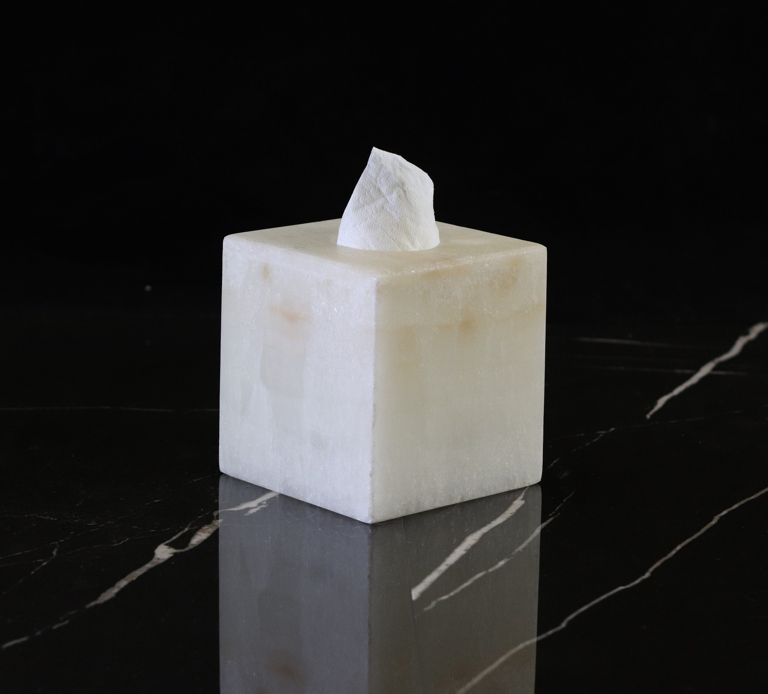 White onyx stone tissue box cover. Hand hewn from a single block of stone. Handmade in Mexico. Ships from the USA. Buy now at www.felipeandgrace.com.  