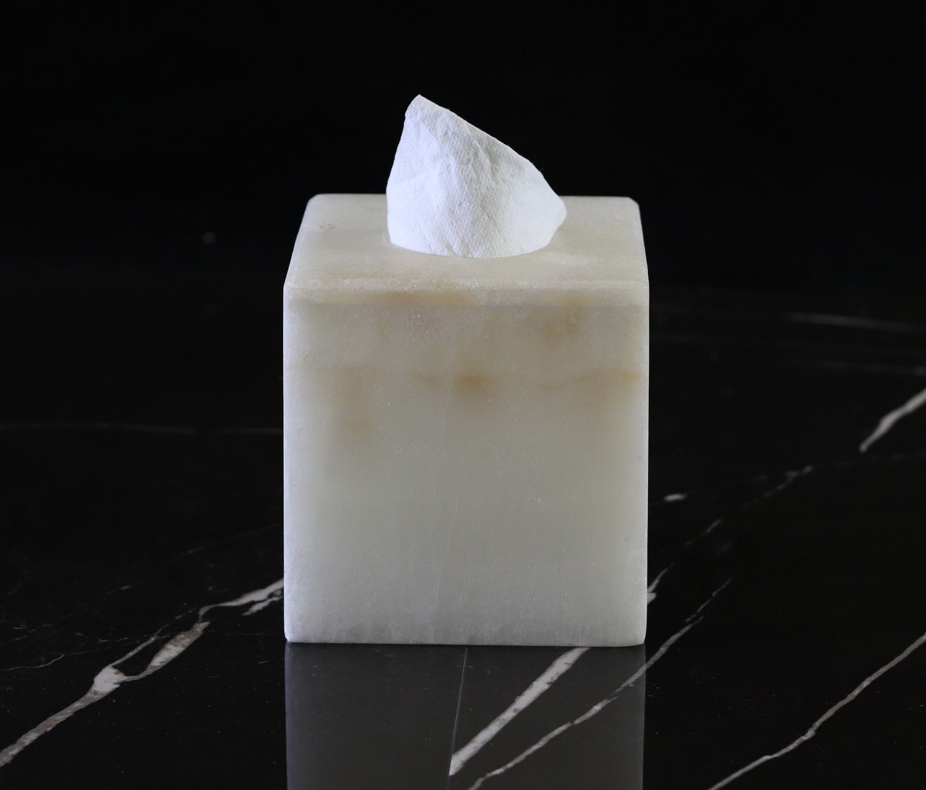 White onyx stone tissue box cover. Hand hewn from a single block of stone. Handmade in Mexico. Ships from the USA. Buy now at www.felipeandgrace.com. 
